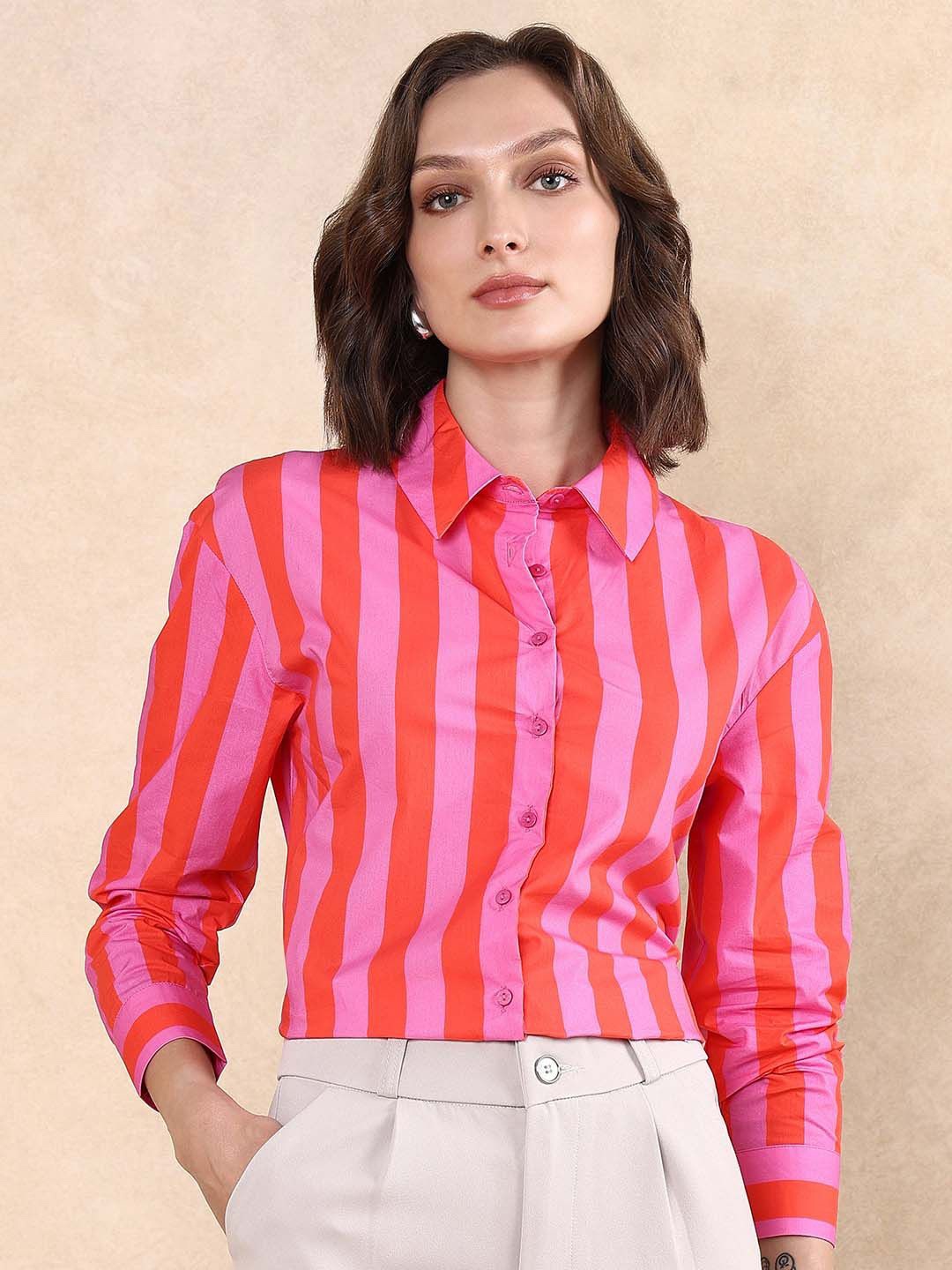 

RAREISM Women Comfort Spread Collar Vertical Striped Cotton Boxy Casual Shirt, Pink