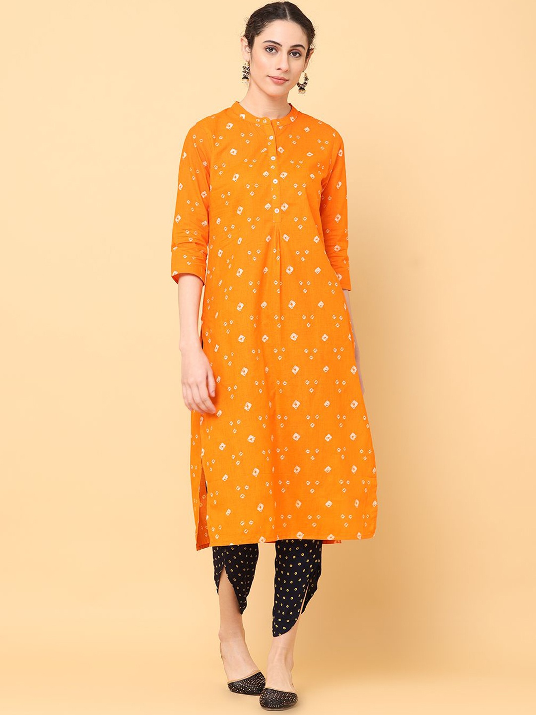 

all about you Orange-Coloured Bandhani Printed Mandarin Collar Straight Kurta