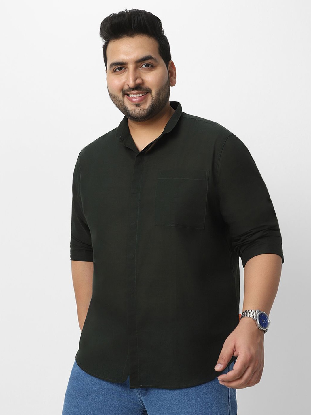 

Urbano Plus Regular Fit Band Collar Long Sleeves Lightweight Slub Cotton Casual Shirt, Olive
