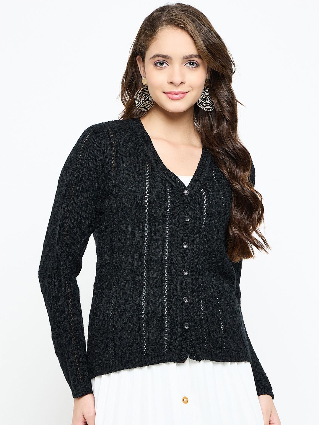 

CREATIVE LINE Women Self Design Woollen V-Neck Cardigan Sweaters, Black