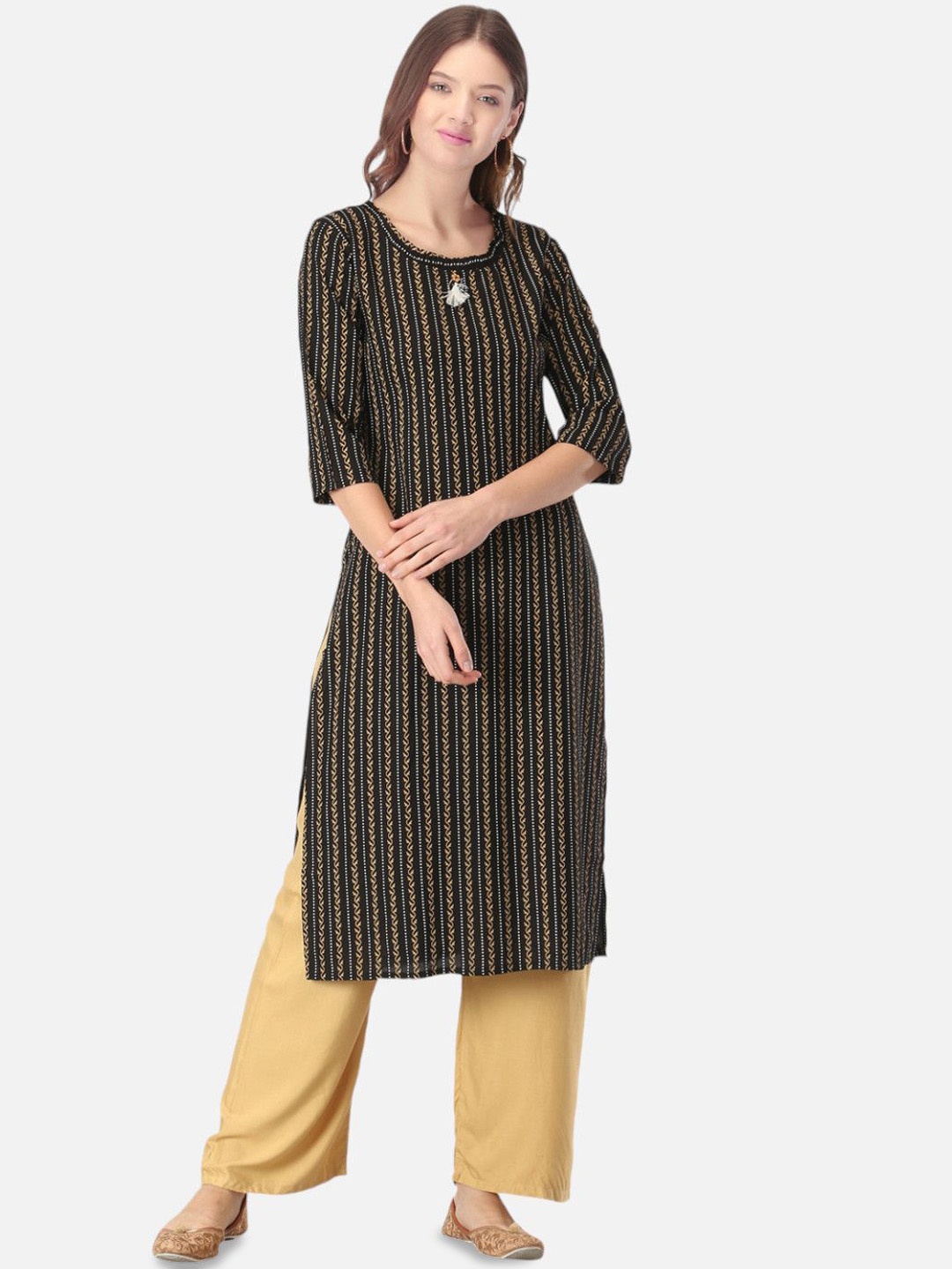 

Biyu Striped Cotton Straight Kurta, Black