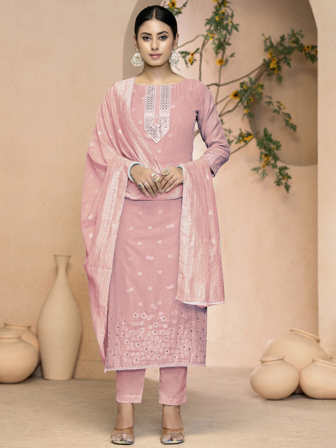 

Maroosh Floral Embellished Unstitched Dress Material, Peach