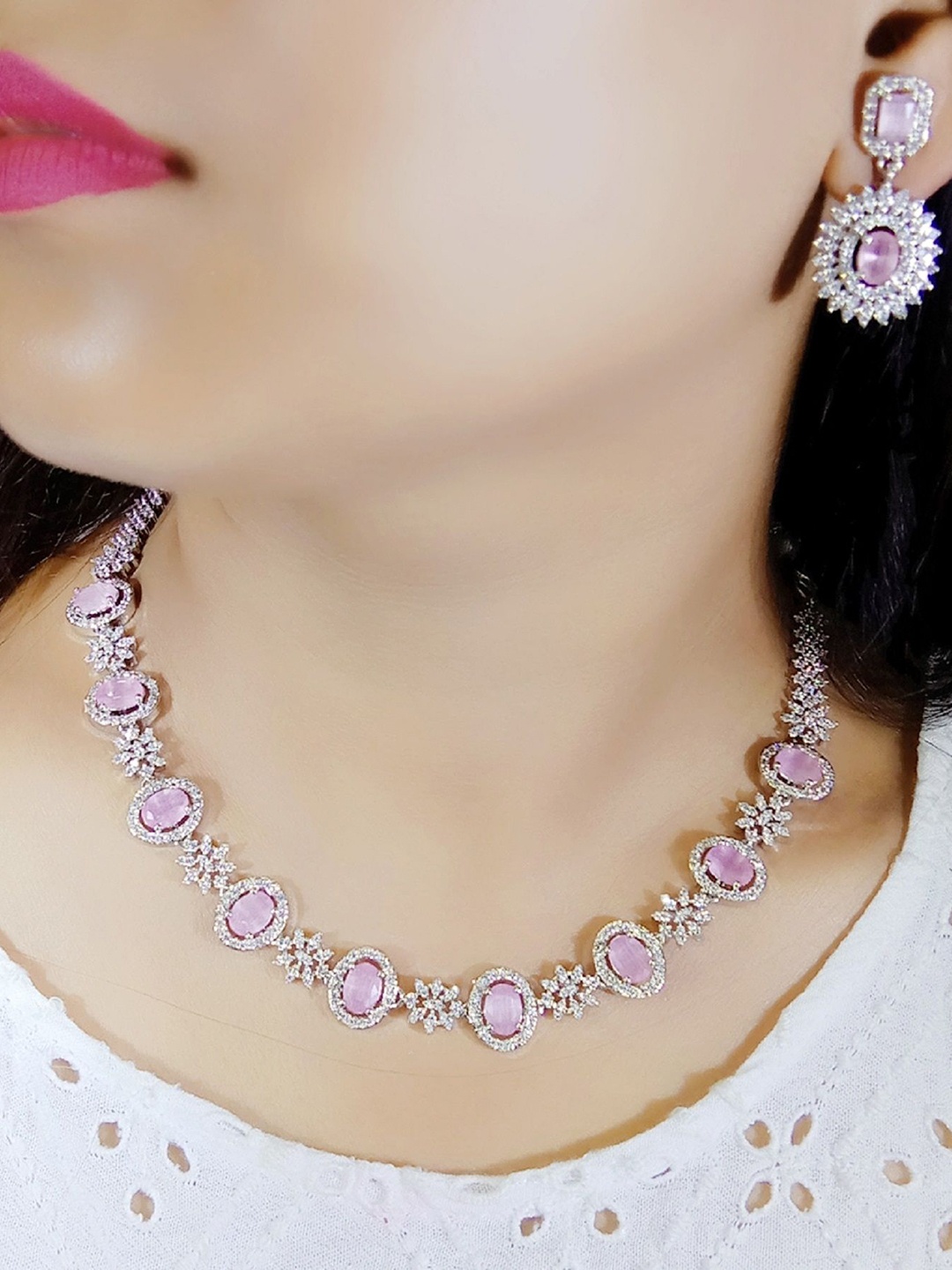 

Ladymania Silver-Plated American Diamond Stone Studded Jewellery Set, Pink