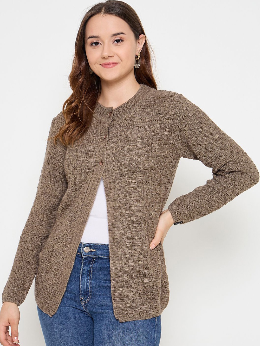 

CREATIVE LINE Women Long Sleeves Woollen Longline Cardigan, Brown