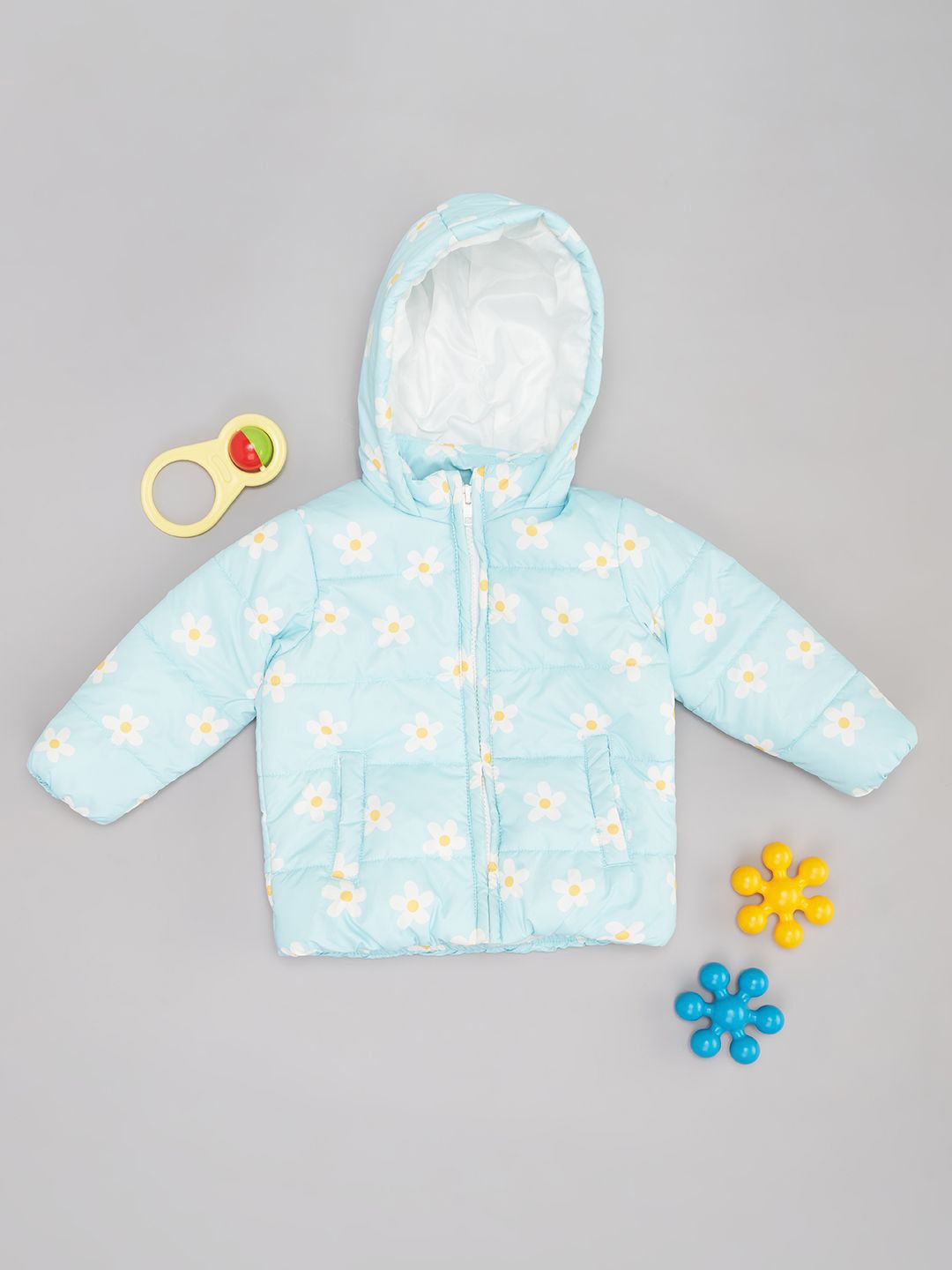 

Pantaloons Baby Girls Hooded Floral Printed Casual Padded Jacket, Blue