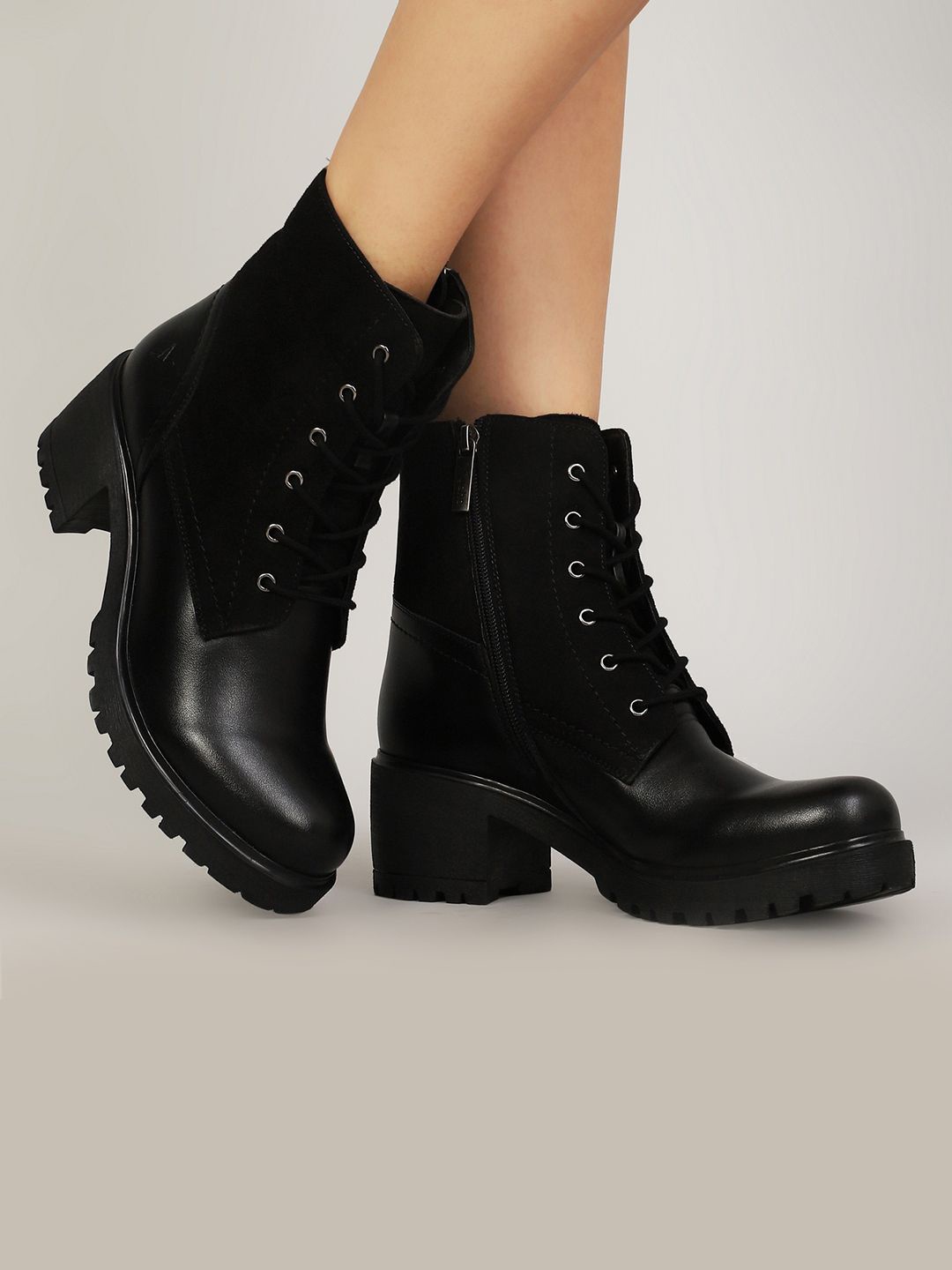 

yoho Women Combat Boot Suede Leather Finish Winter Boot M-006, Black