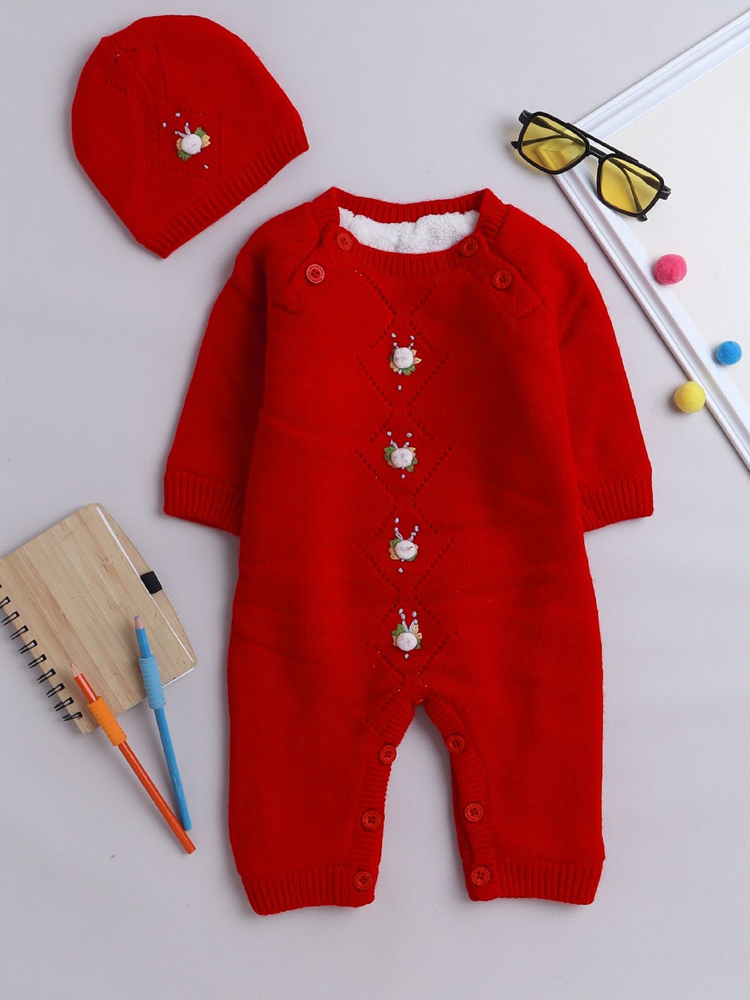 

Yellow Apple Infants Kids Embroidered Rompers, Red