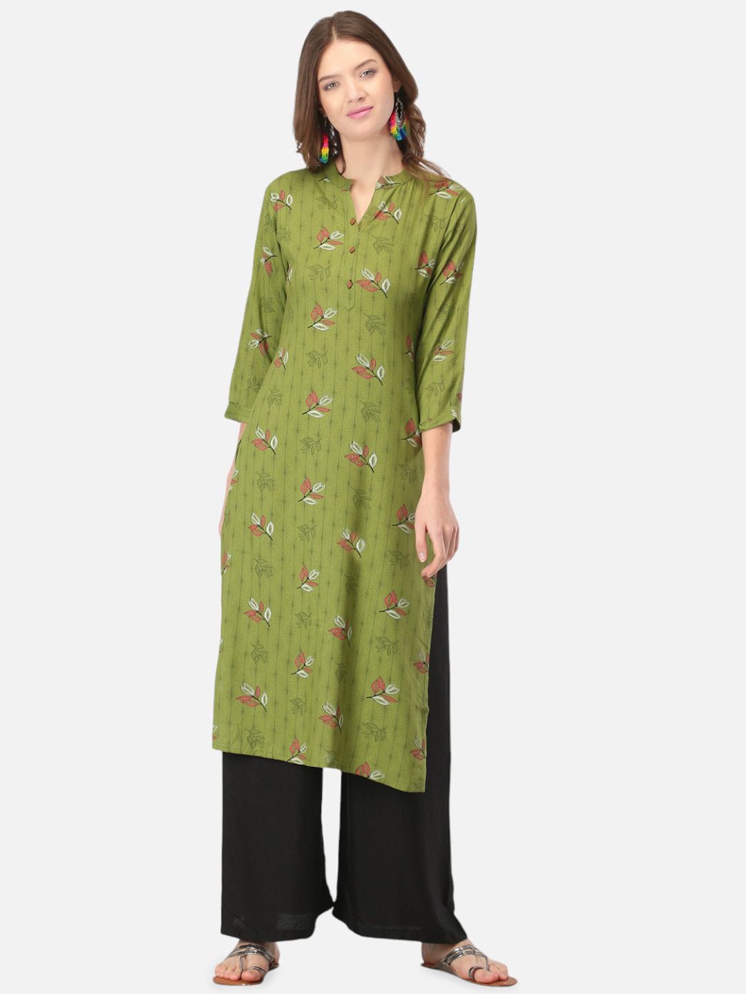 

Biyu Floral Printed Mandarin Collar Cotton Straight Kurta, Green
