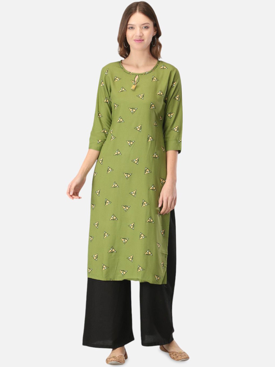 

Biyu Geometric Printed Keyhole Neck Pure Cotton Straight Kurta, Green