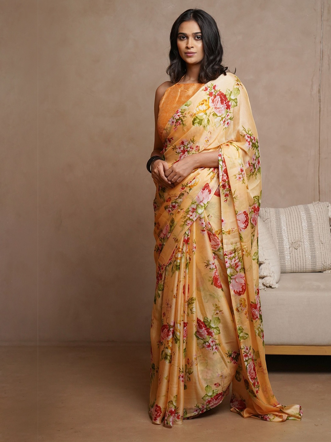 

KALINI Floral Printed Saree, Orange