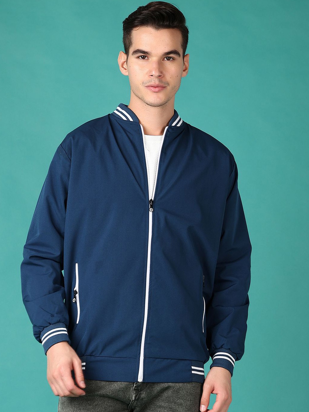 

V-Mart Men Stand Collar Solid Cotton Casual Bomber Jacket, Teal