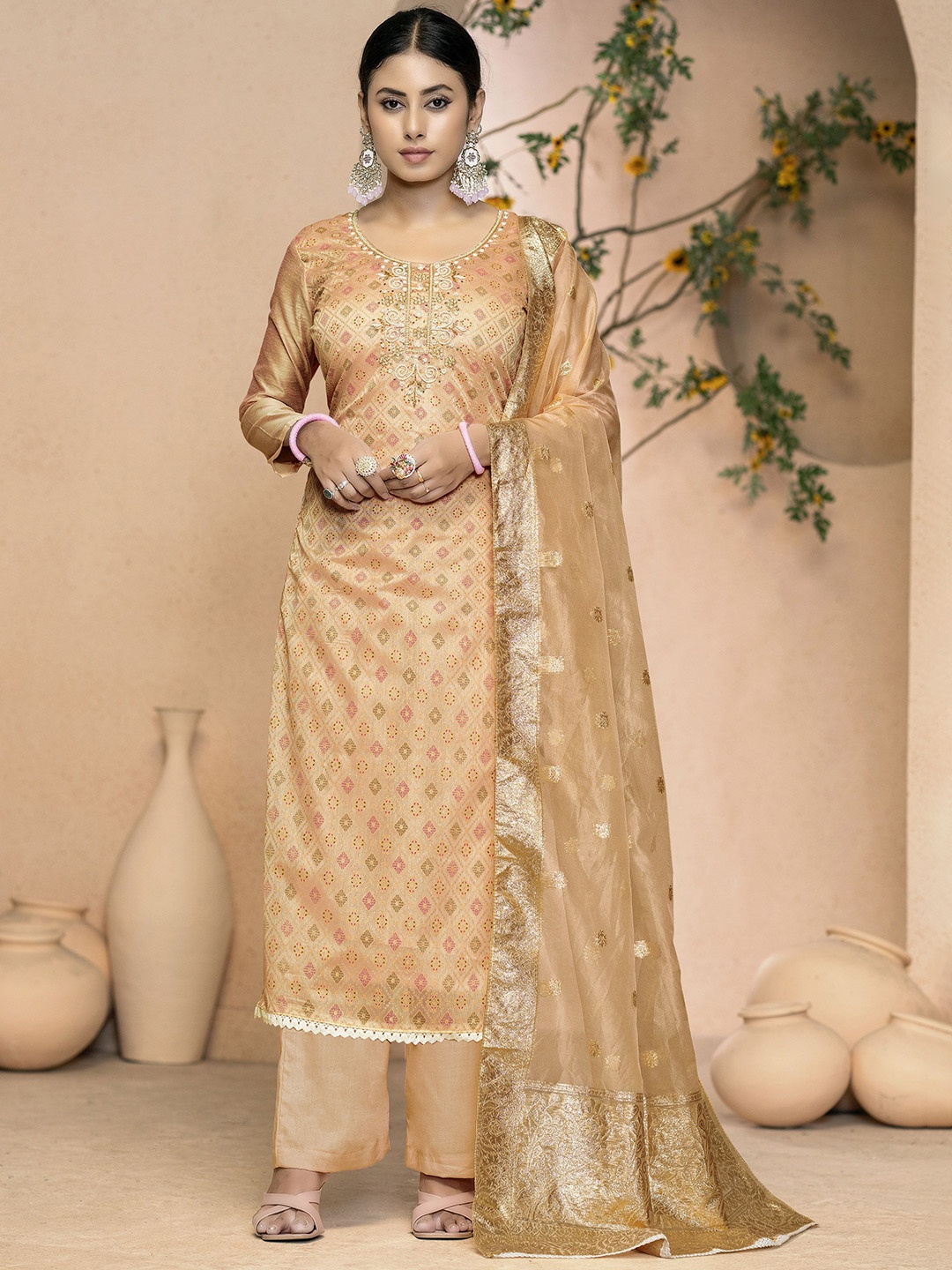 

Maroosh Ethnic Motifs Printed Beads & Stones Unstitched Dress Material, Beige