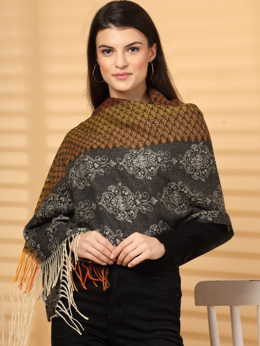 

Mafadeny Women Ethnic Motifs Printed Winter Woollen Stole, Black