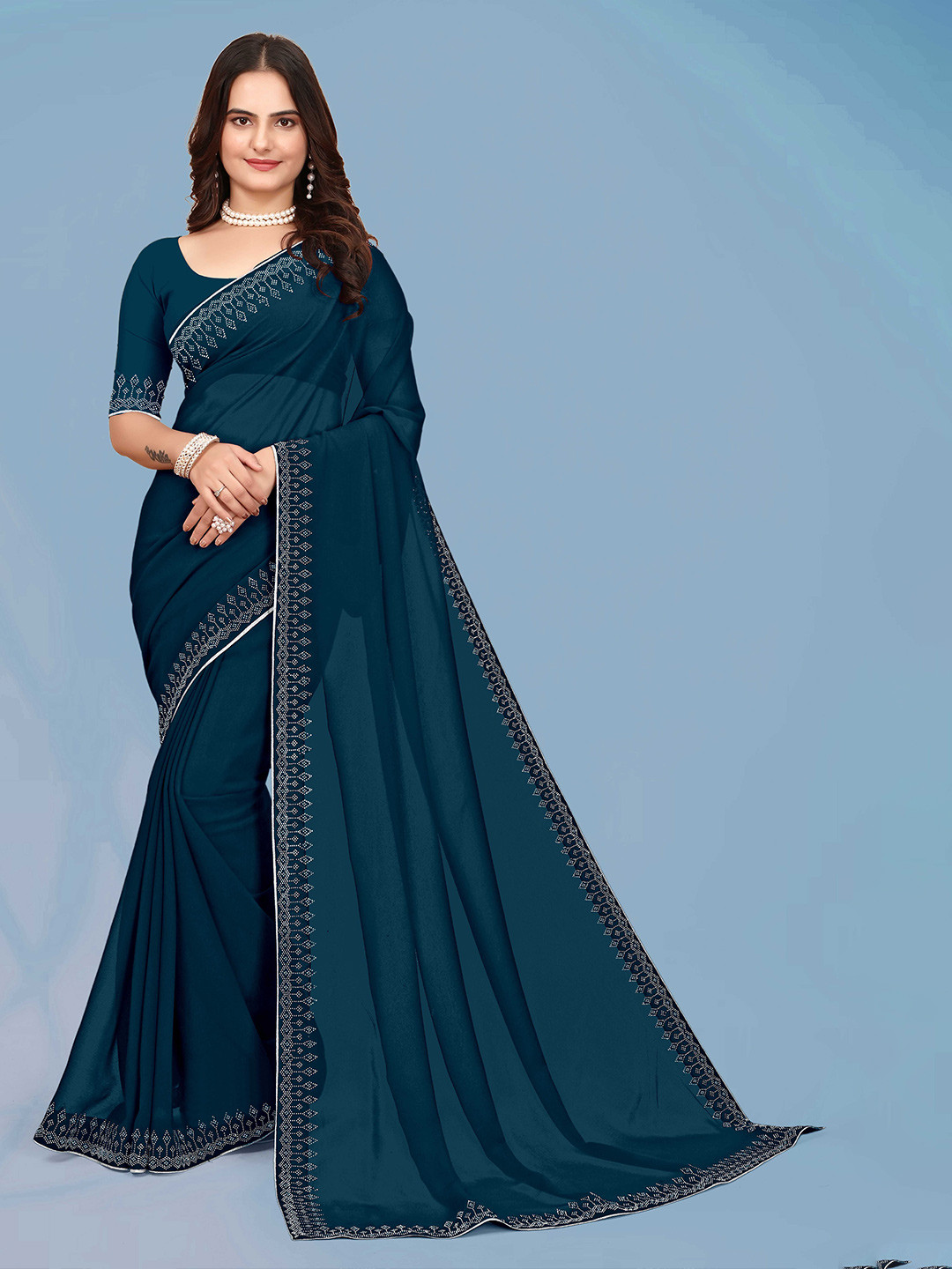 

WEAVETECH IMPEX Women Embellished Mirror Work Saree With No Border, Teal
