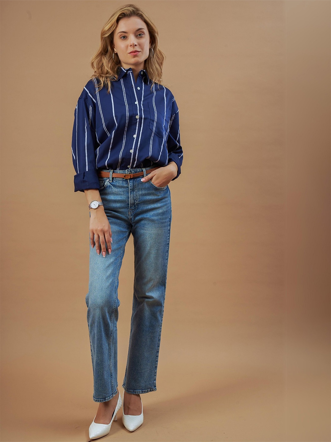 

Gazillion Women Original Vertical Striped Cotton Relaxed Fit Semiformal Shirt, Navy blue