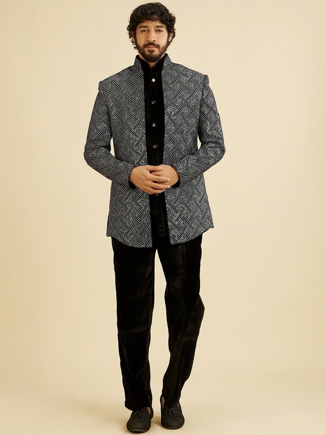 

Manyavar Men Velvet Thread work Embroidered Three Piece Suit, Black