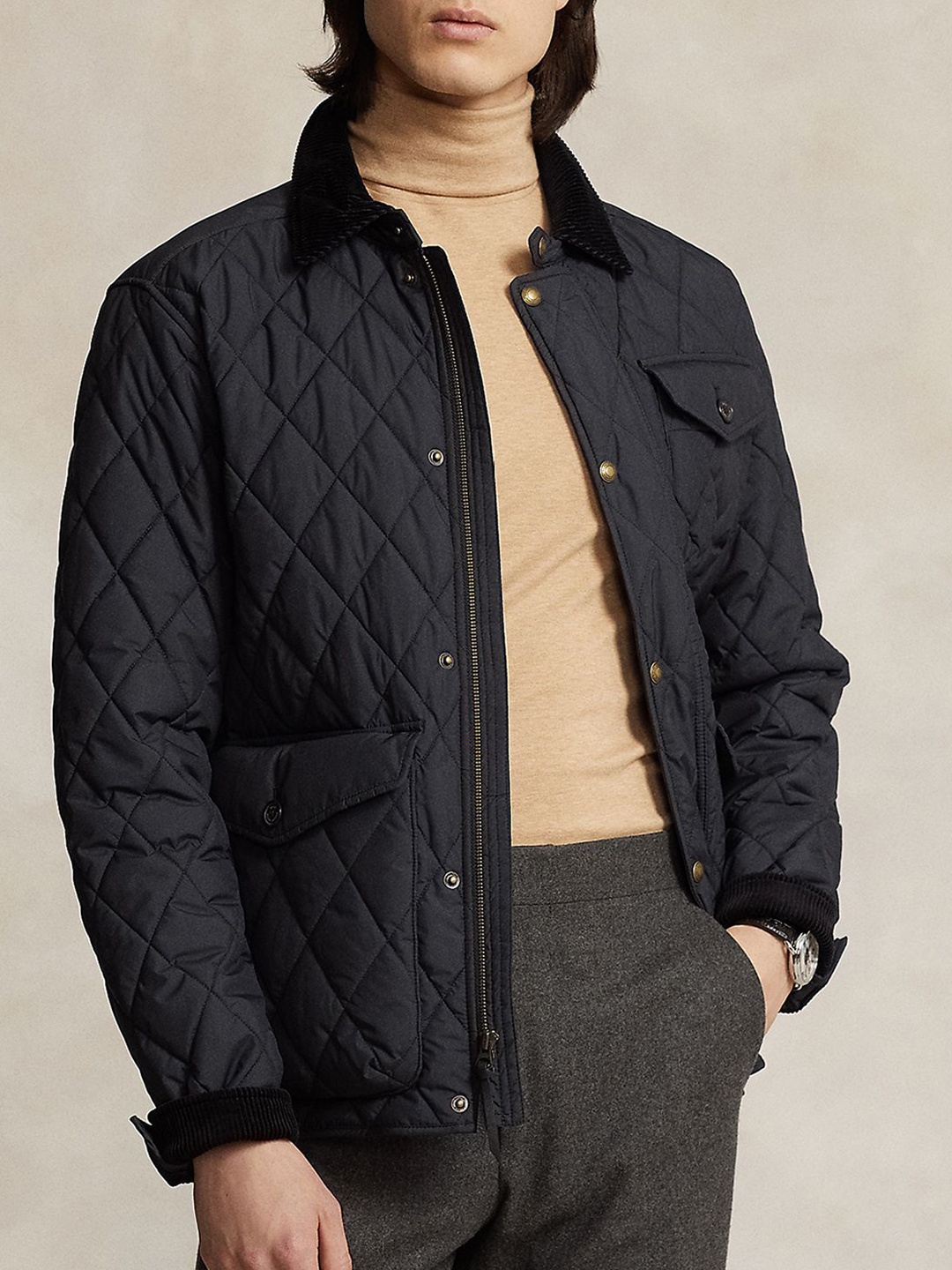 

Polo Ralph Lauren Men Spread Collar Solid Casual Quilted Jacket, Black
