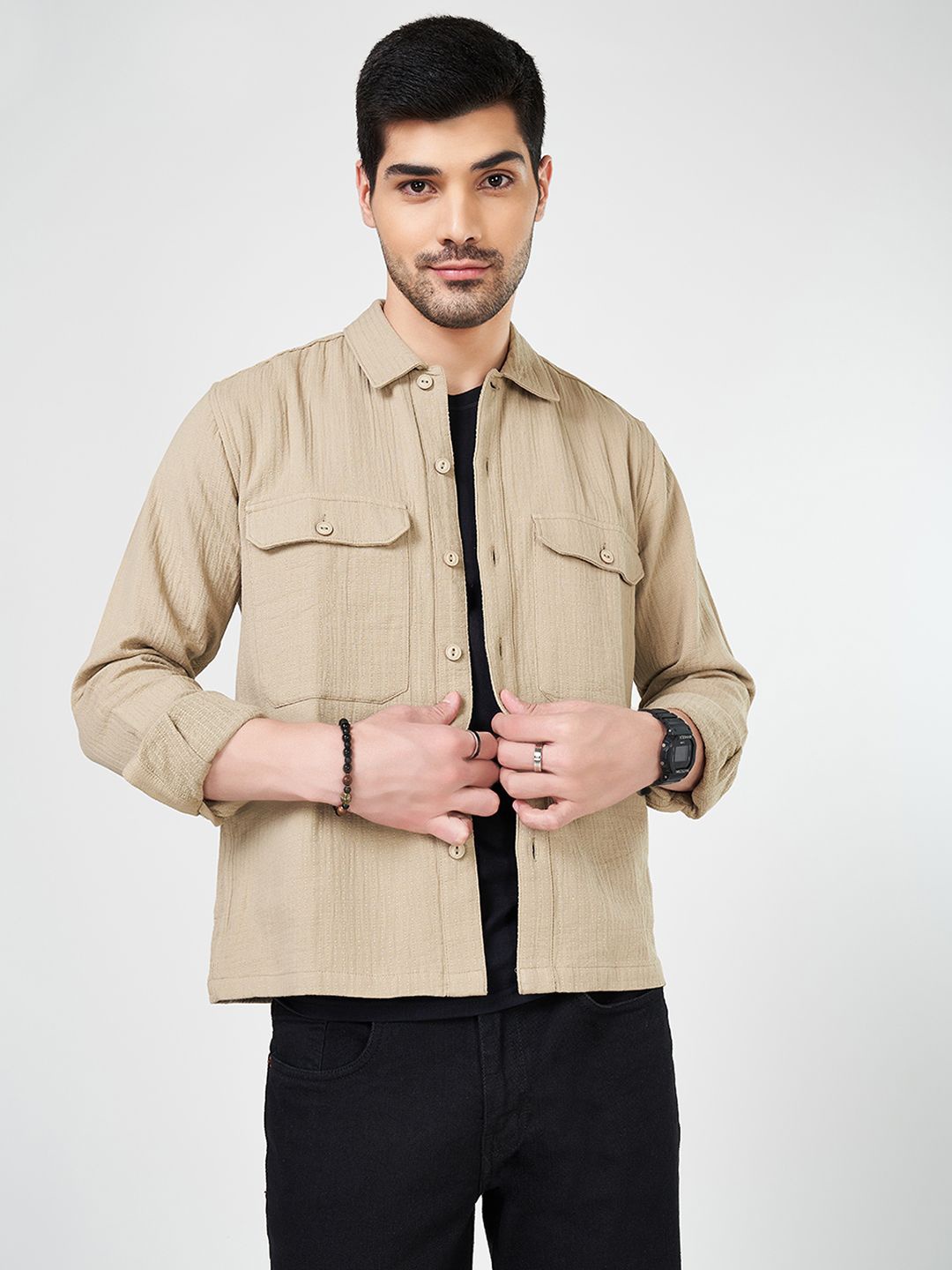 

People Men Spread Collar Solid Cotton Relaxed Fit Casual Shirt, Brown