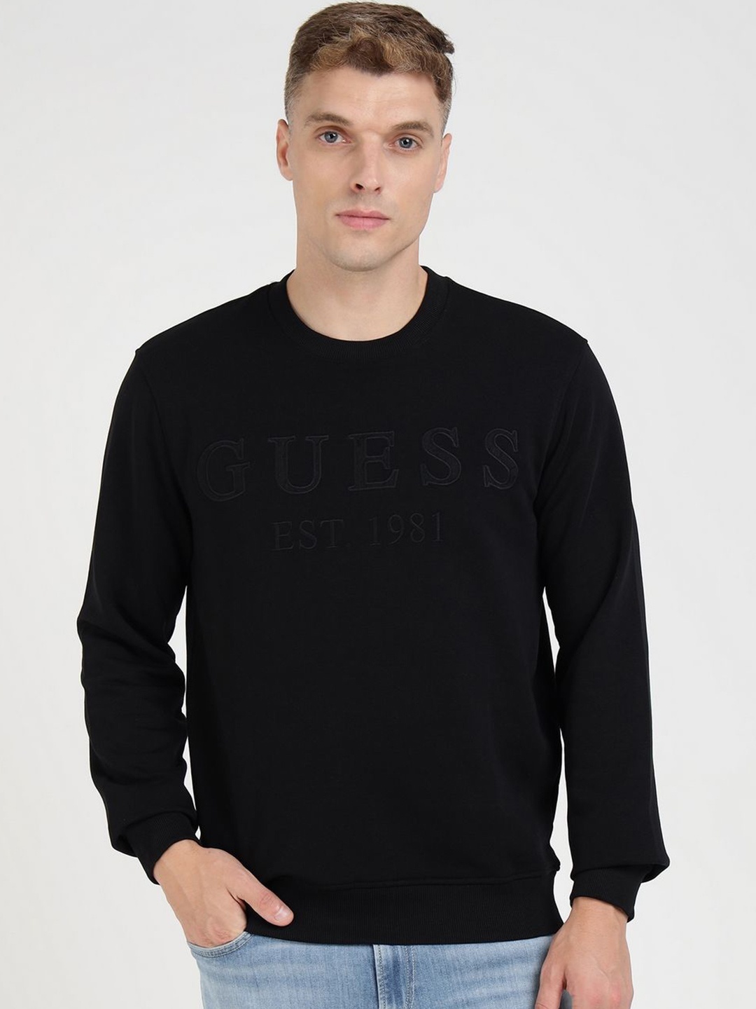 

GUESS Men Printed Cotton Round Neck Sweatshirt, Black