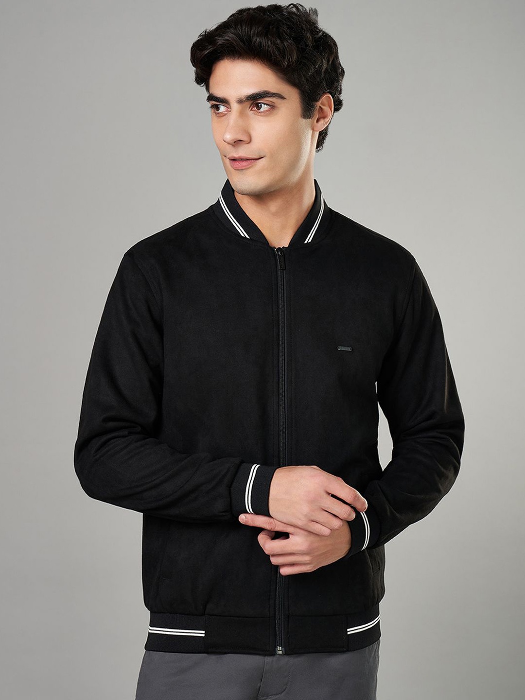 

BYFORD by Pantaloons Men Stand Collar Solid Casual Bomber Jacket, Black