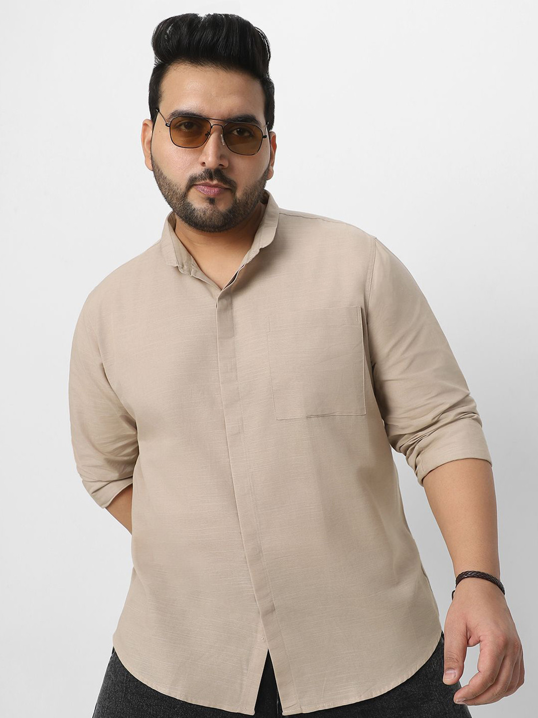 

Urbano Plus Regular Fit Band Collar Long Sleeves Lightweight Slub Cotton Casual Shirt, Brown