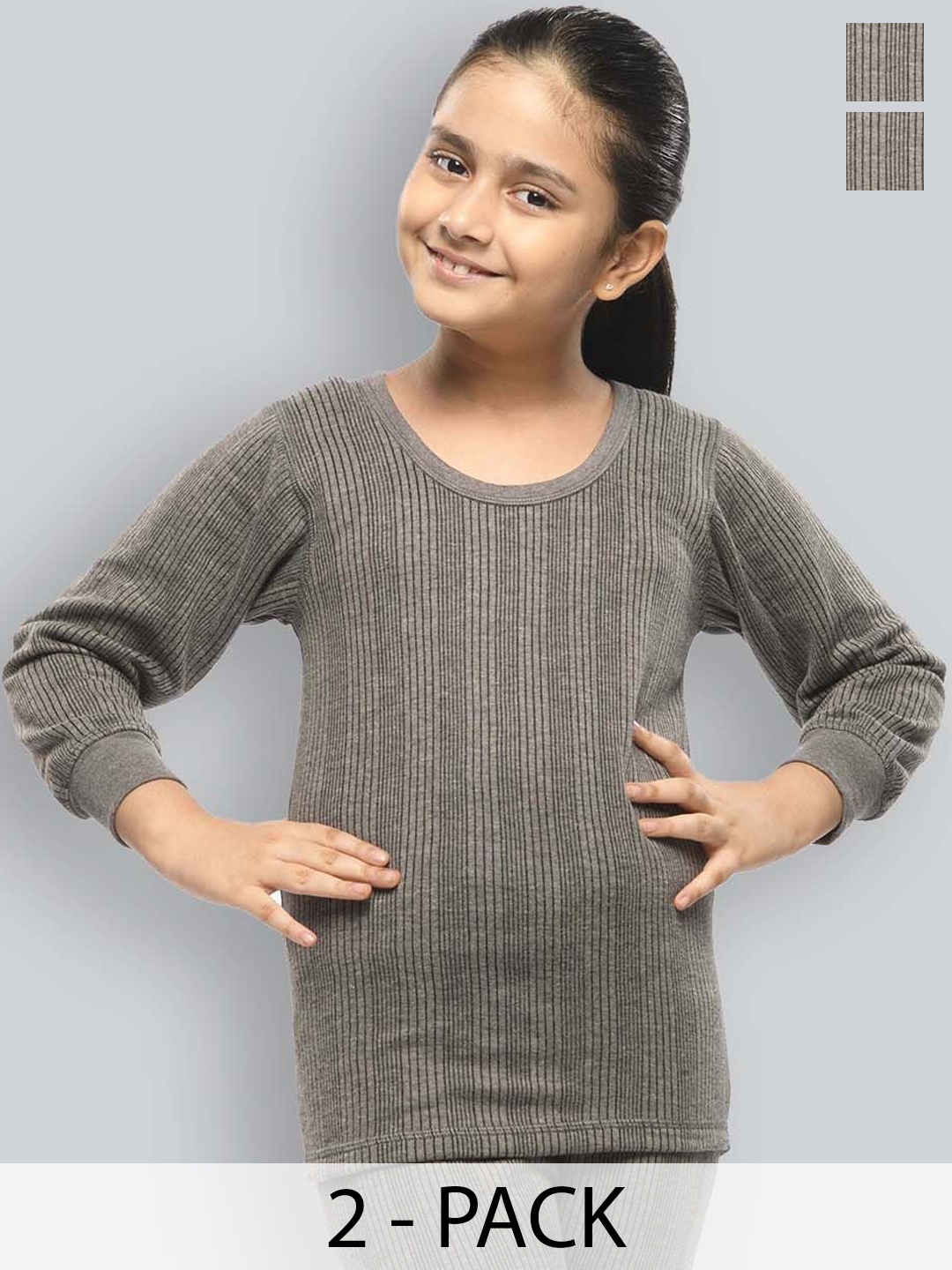 

INFERNO Girls Pack Of 2 Striped Combed Cotton Winter Thermal Tops, Charcoal