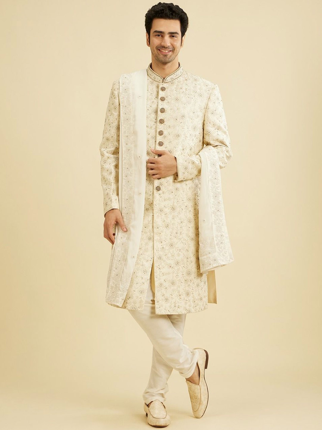 

Manyavar Men Embroidered Mandarin Collar Sherwani Set with Dupatta, Cream