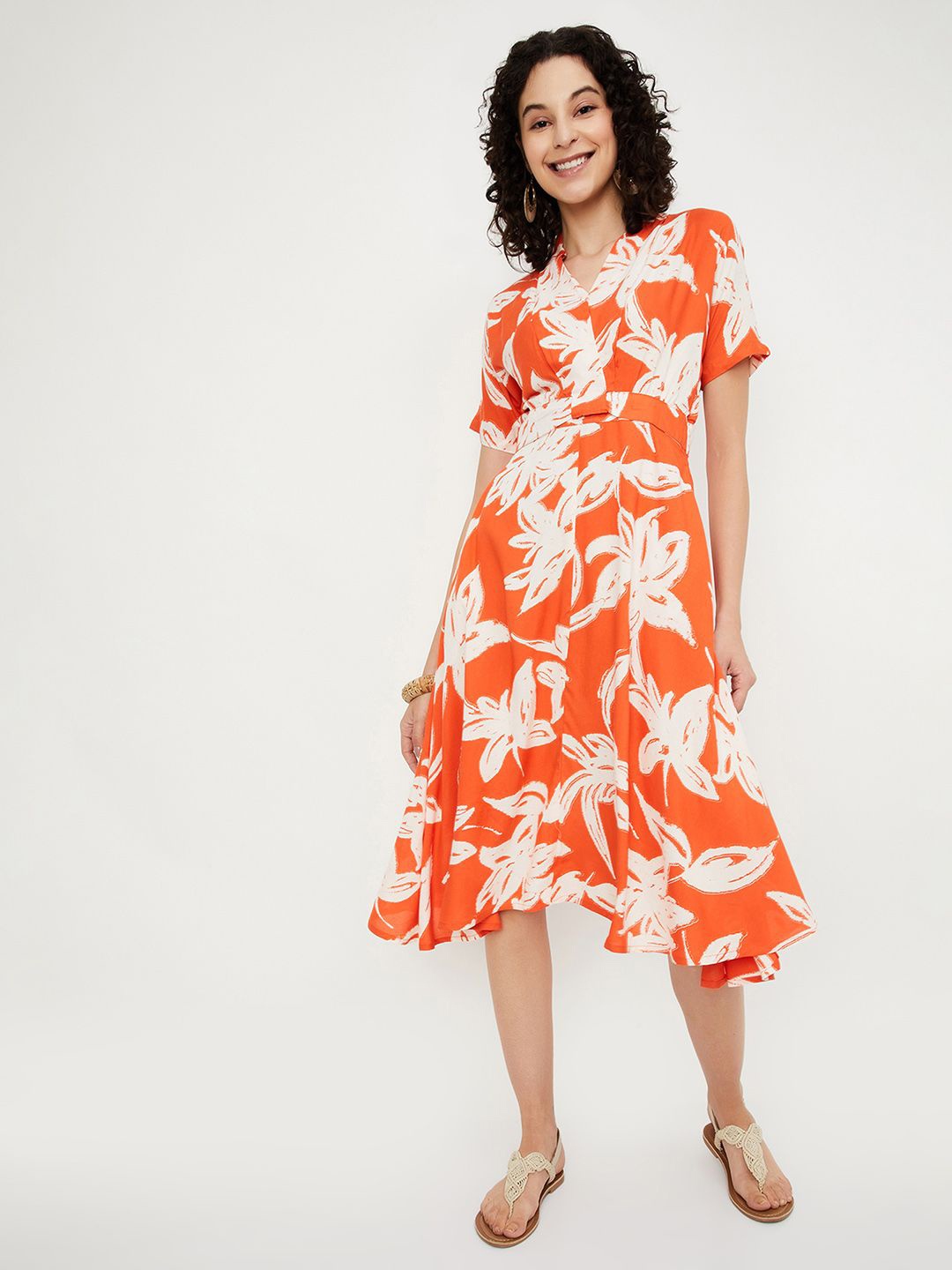 

max Women Floral Printed Fit & Flare Short Sleeves Dress, Orange
