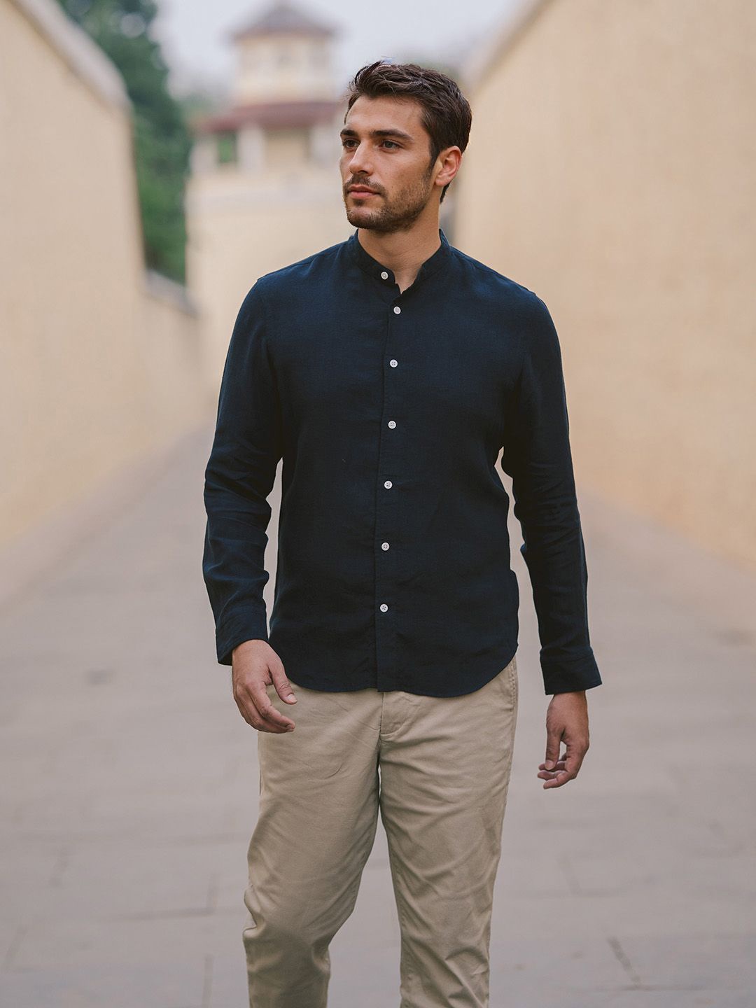 

Monks of Method Men Relaxed Band Collar Solid Relaxed Fit Casual Shirt, Navy blue