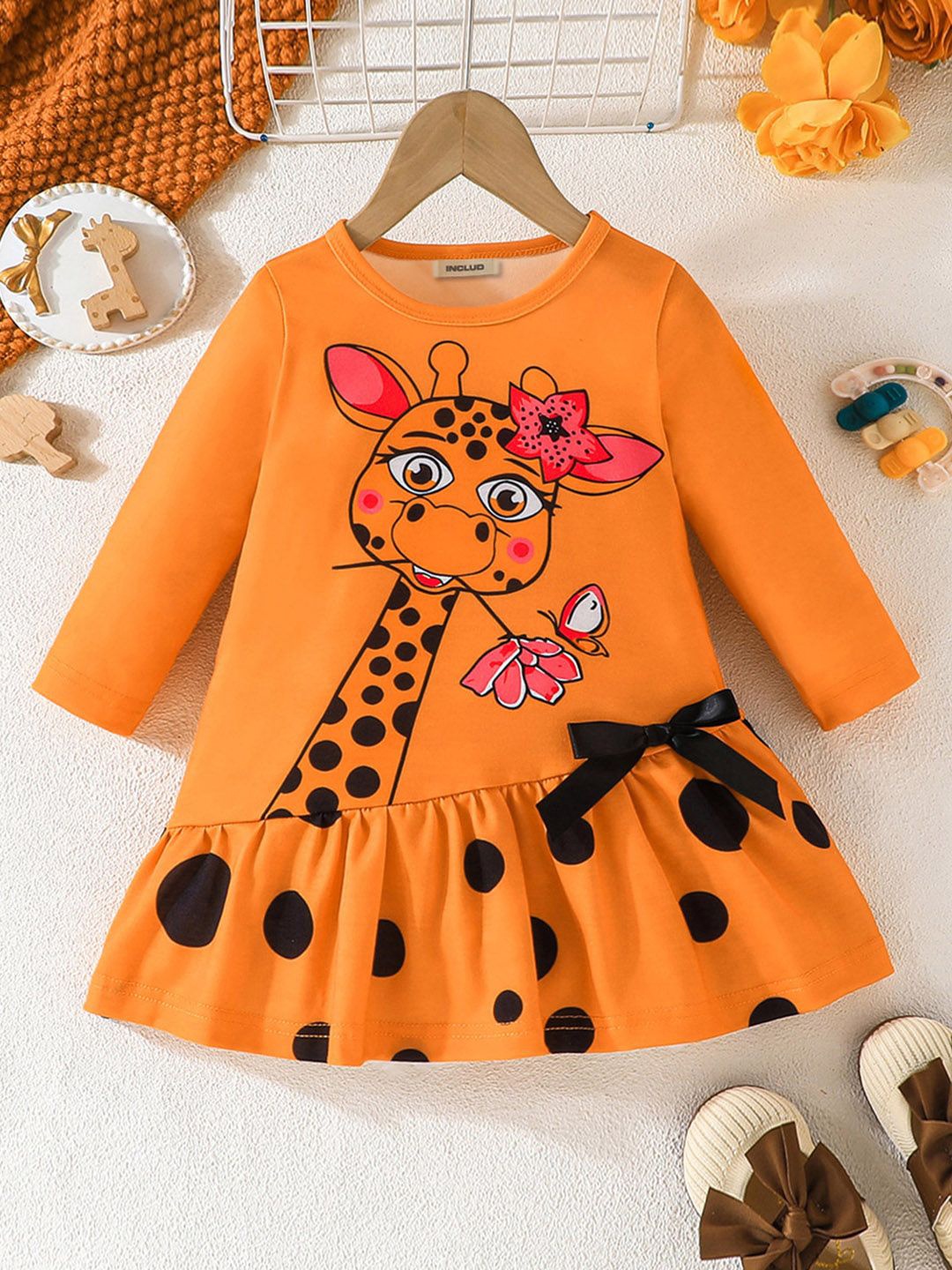 

INCLUD Girls Giraffe Printed A-Line Dress, Orange