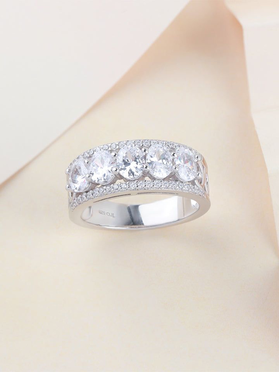 

Ornate Jewels 925 Sterling Silver Rhodium Plated AD Stone Studded Half Eternity Band Ring