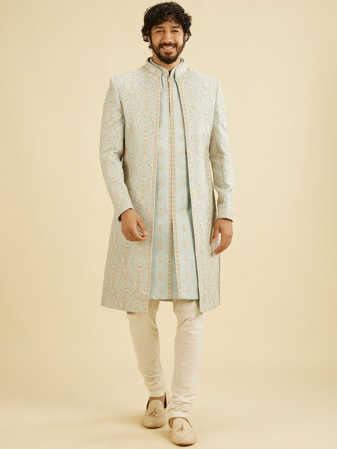 

Manyavar Embroidery Front Slit Sherwani Set, Grey