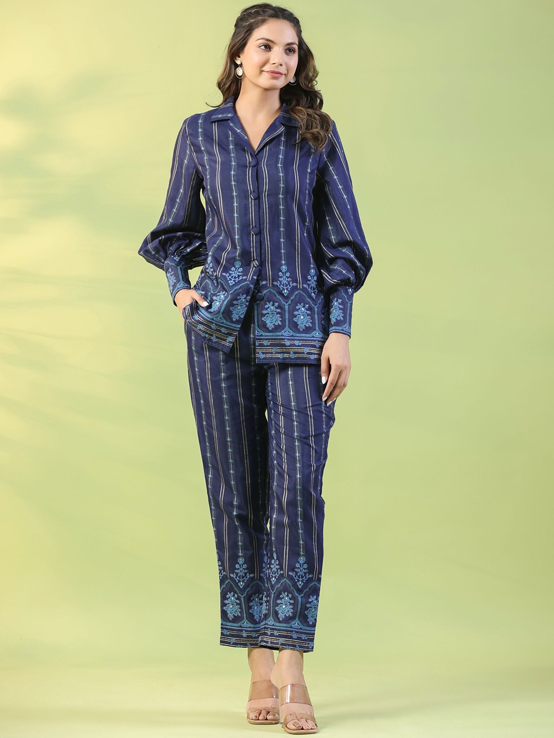 

mirari Floral Printed Shirt Collar Long Sleeves Shirt With Trouser, Navy blue