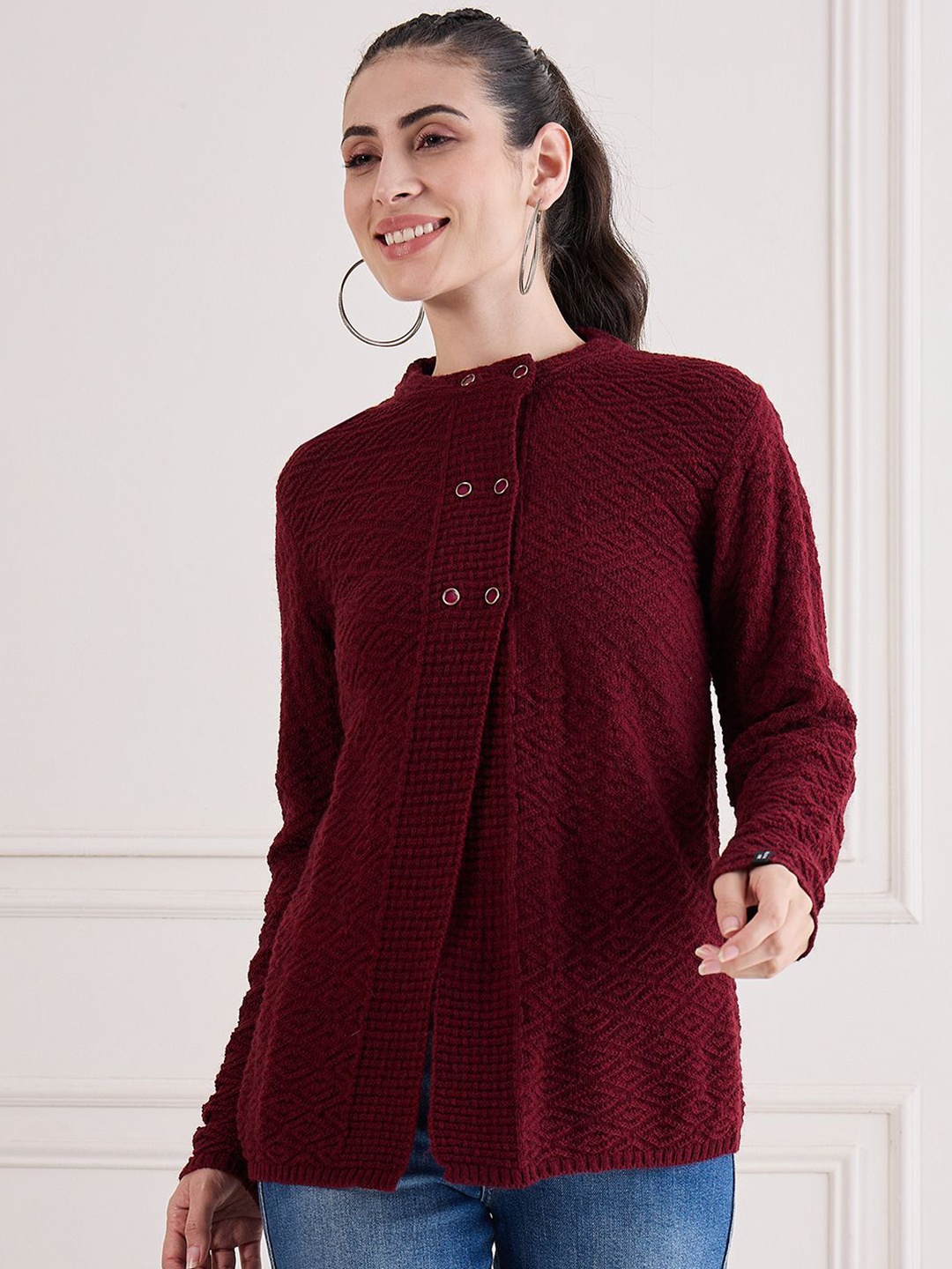 

CREATIVE LINE Women Cable Knit Woollen Longline Cardigan, Maroon