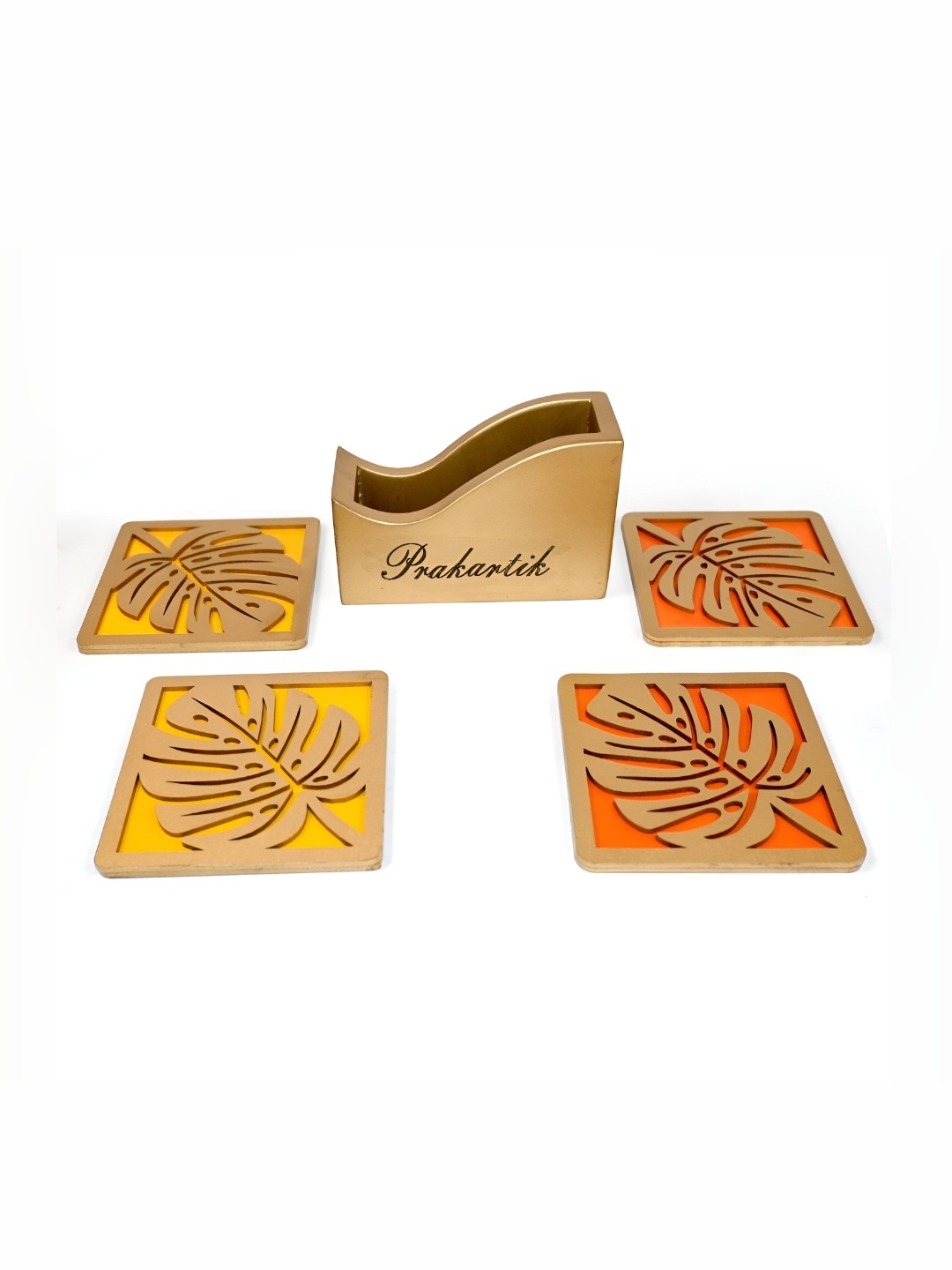

PRAKARTIK Orange colored 4 Pieces Wooden Leaf Design Printed Coasters With Holders