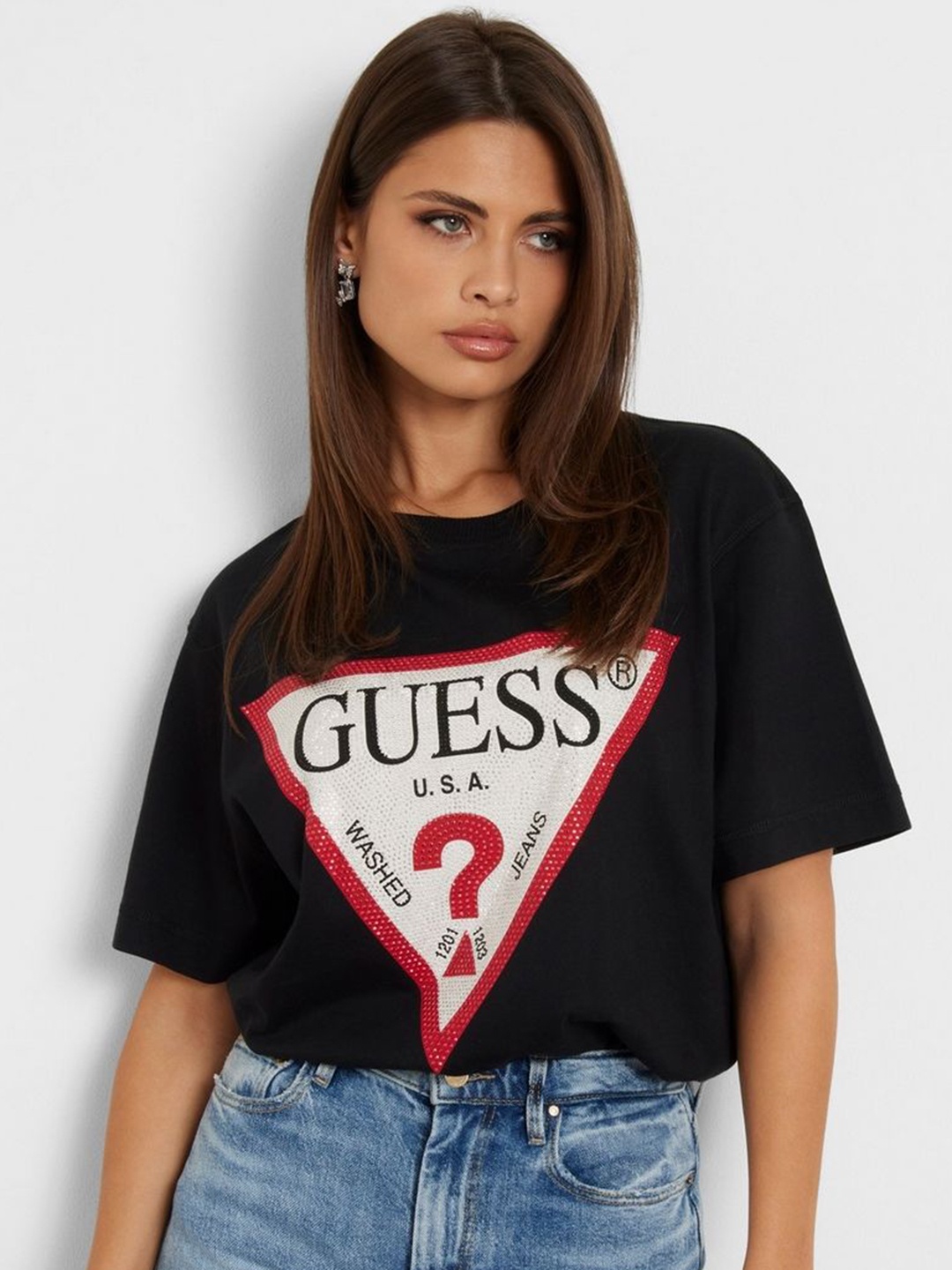 

GUESS Women Brand Logo Printed Round Neck Pure Cotton T-shirt, Black