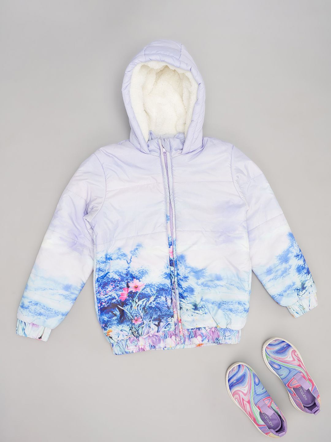 

Pantaloons Junior Girls Hooded Floral Printed Casual Padded Jacket, Blue