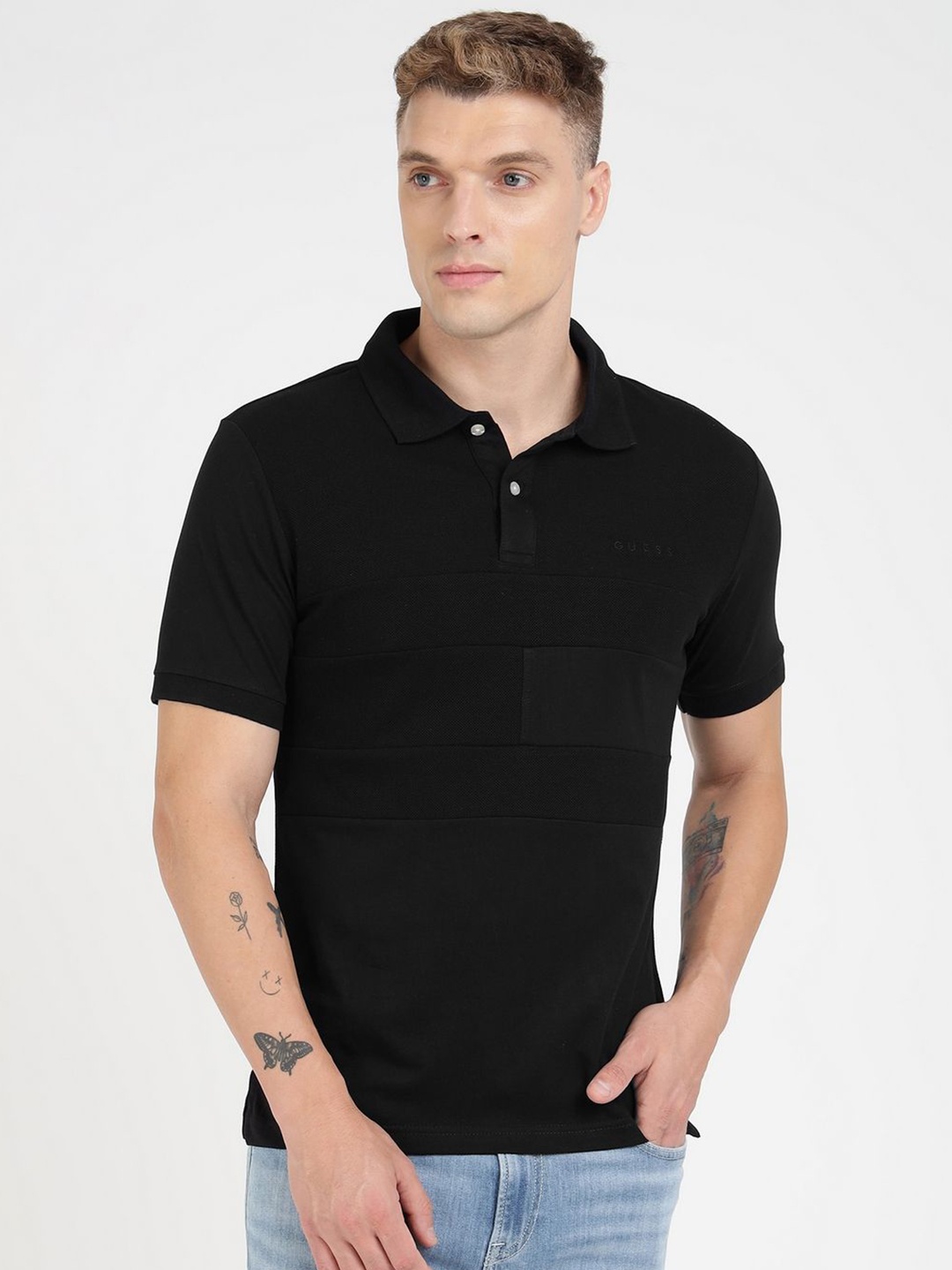 

GUESS Men Solid Polo Collar Pure Cotton T-shirt, Black