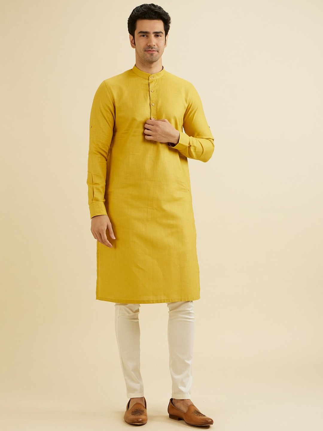 

Manyavar Mandarin Collar Cotton Straight Kurta, Mustard