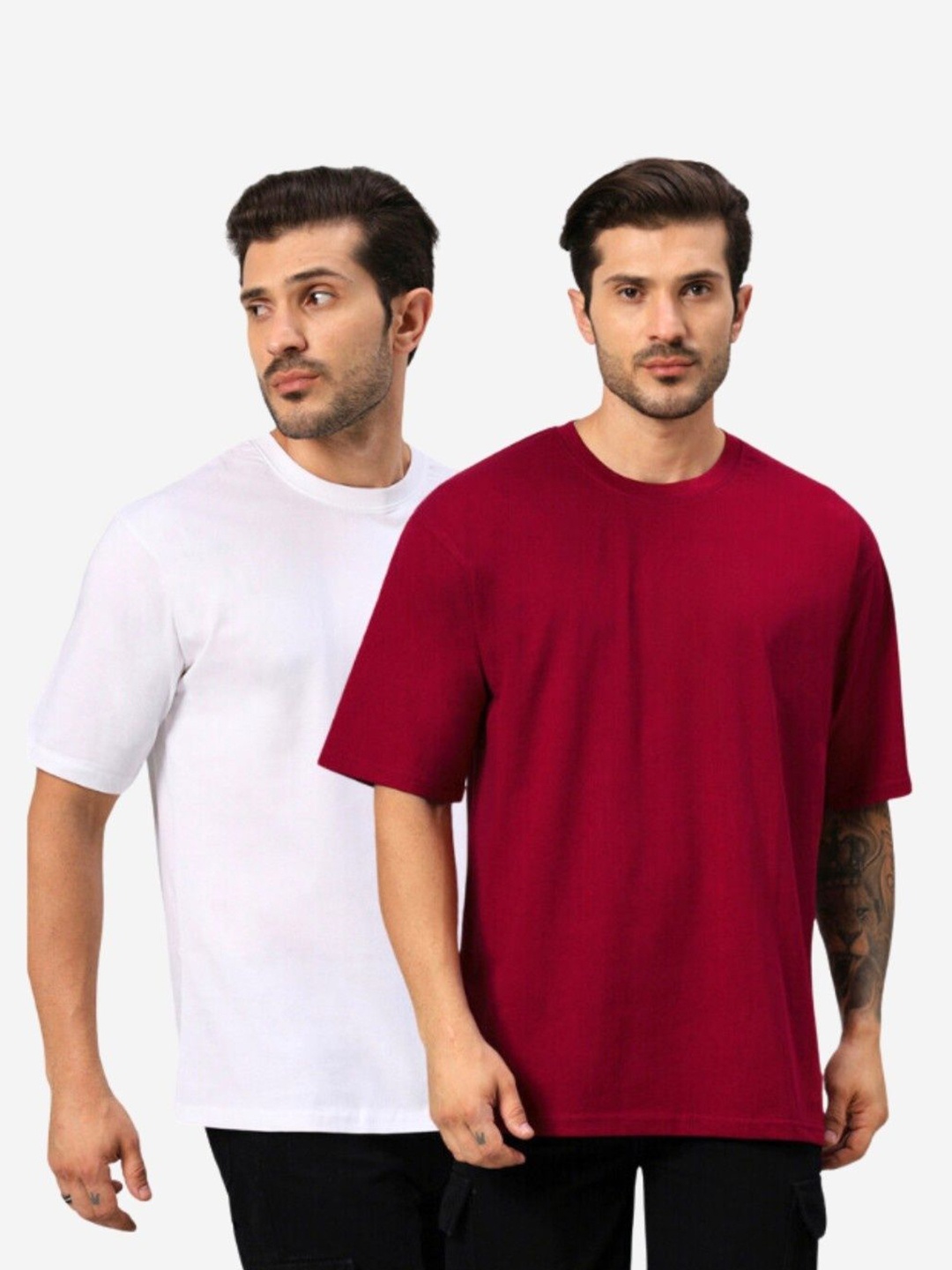 

URBANICE Men Pack Of 2 Drop-Shoulder Sleeves T-shirt, White