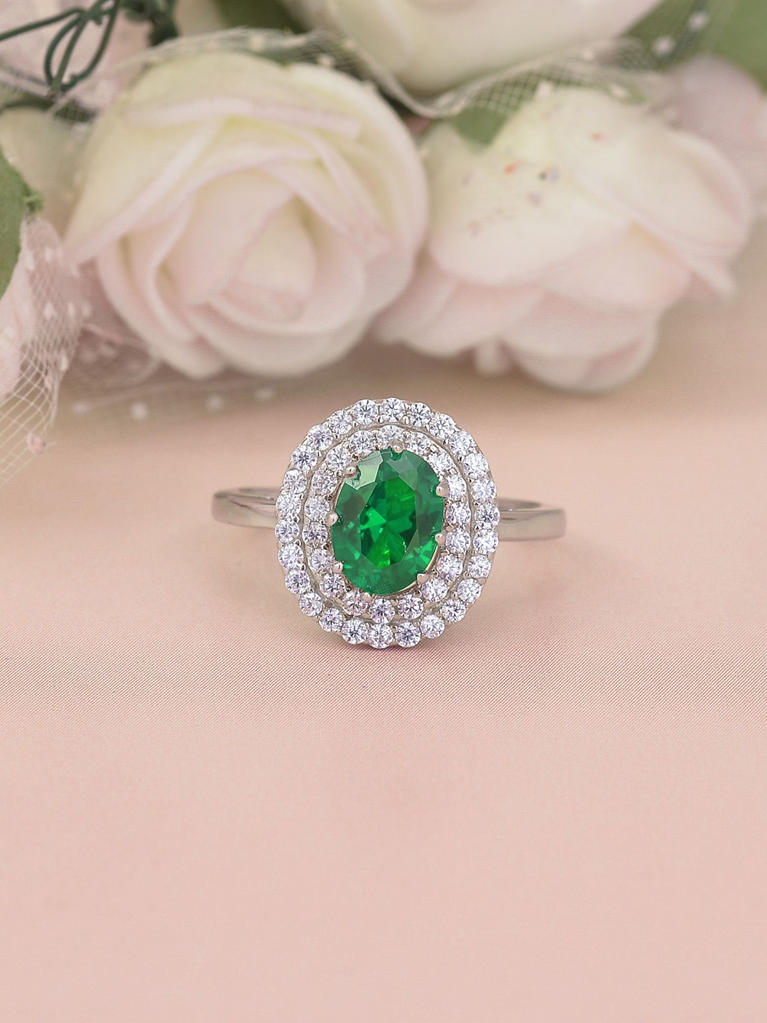 

Ornate Jewels 925 Sterling Silver Rhodium-Plated Cubic Zirconia Stone Studded Finger Ring