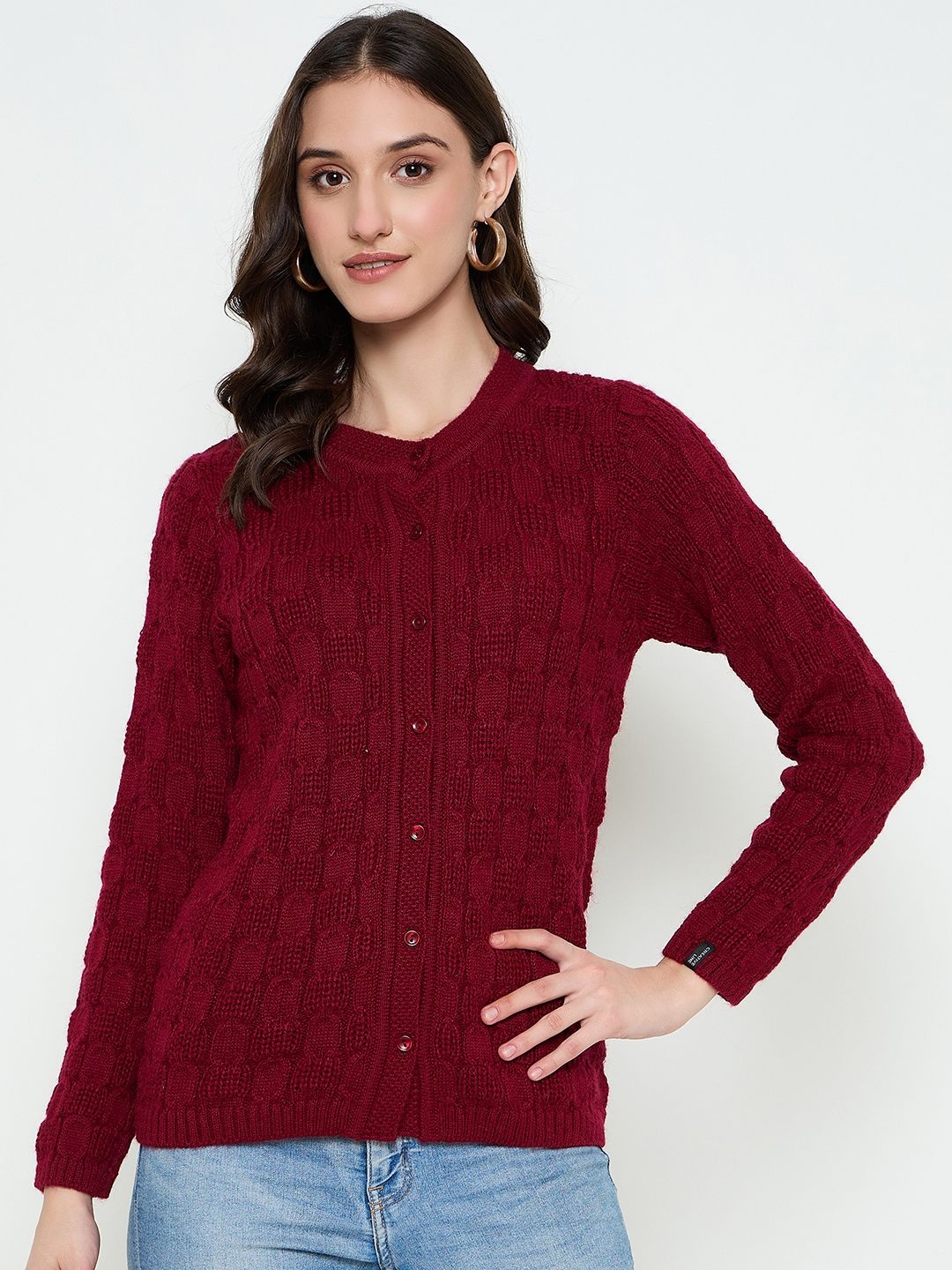 

CREATIVE LINE Women Woollen Self Desgin Knitted Long Sleeves Cardigan Sweater, Maroon