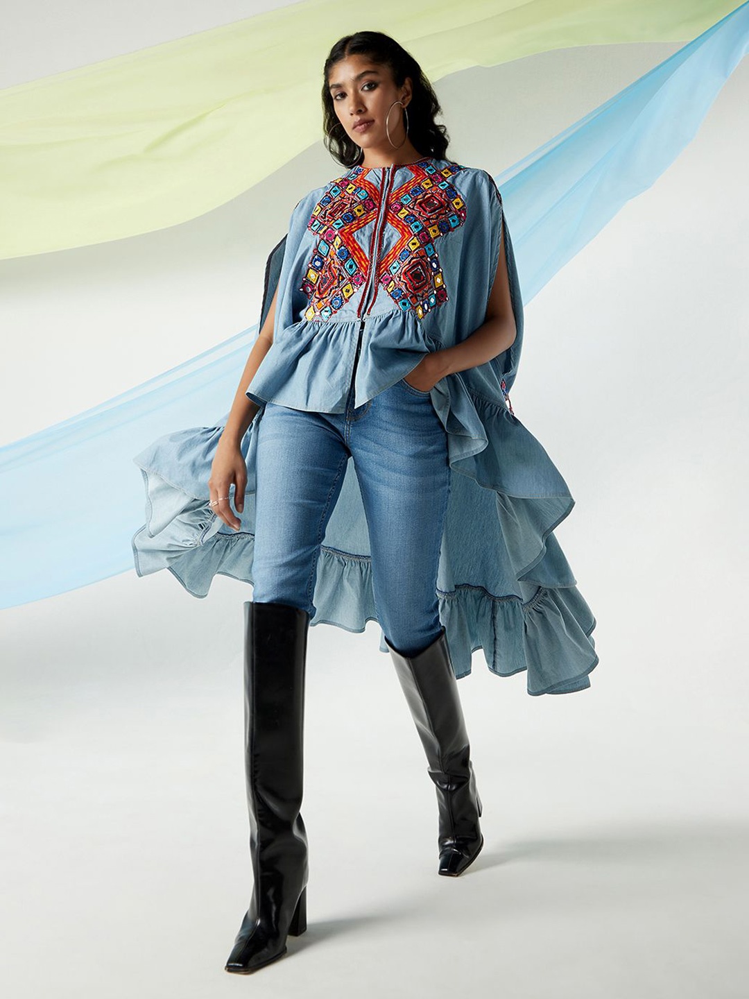 

Lee X Suneet Varma Women Embroidered Round Neck Poncho, Blue