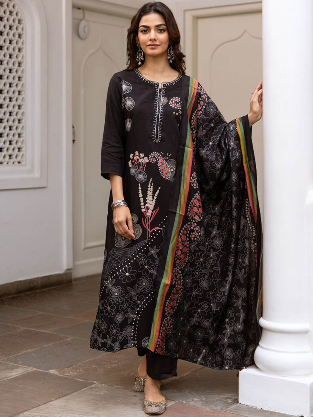 

Anouk Black Floral Printed Sequinned Cotton Silk Straight Kurta With Trousers & Dupatta