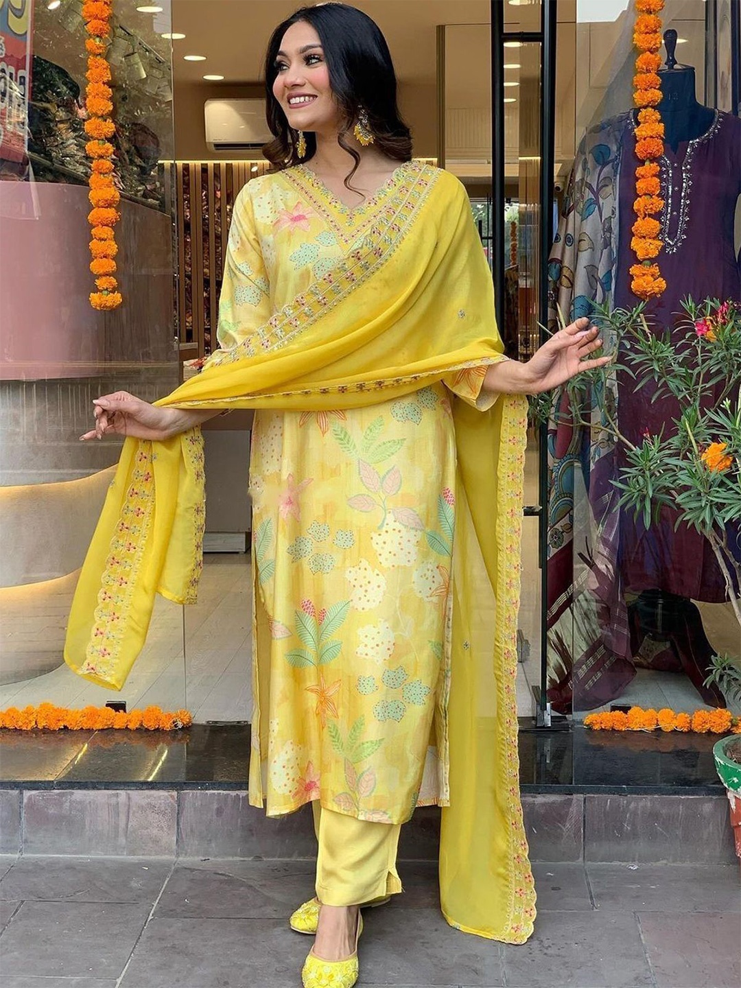 

ODETTE Floral Embroidered Straight Kurta With Trouser & With Dupatta, Yellow