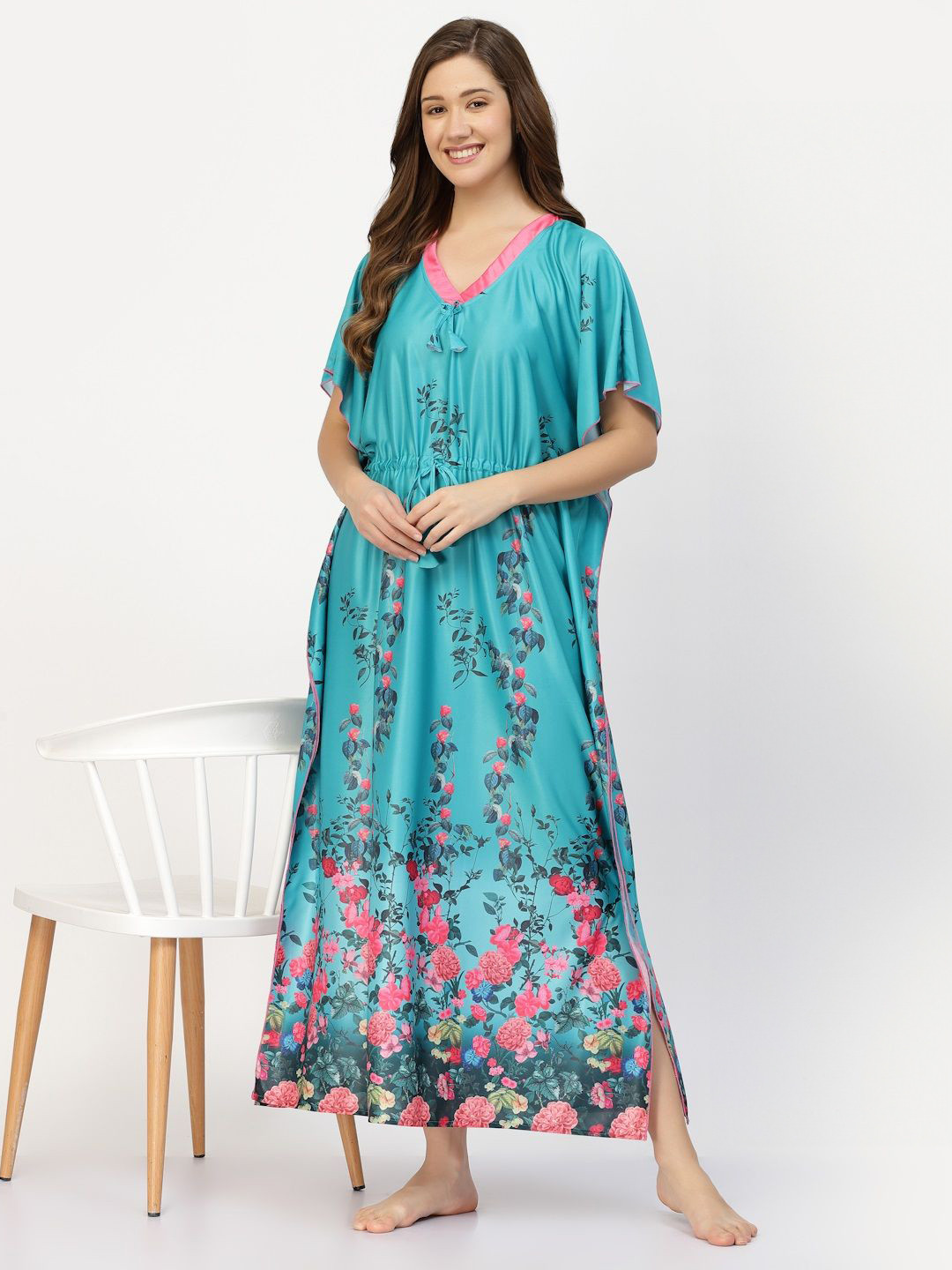 

CHUI MUI Women Printed Maxi Kaftan Nightdress, Teal