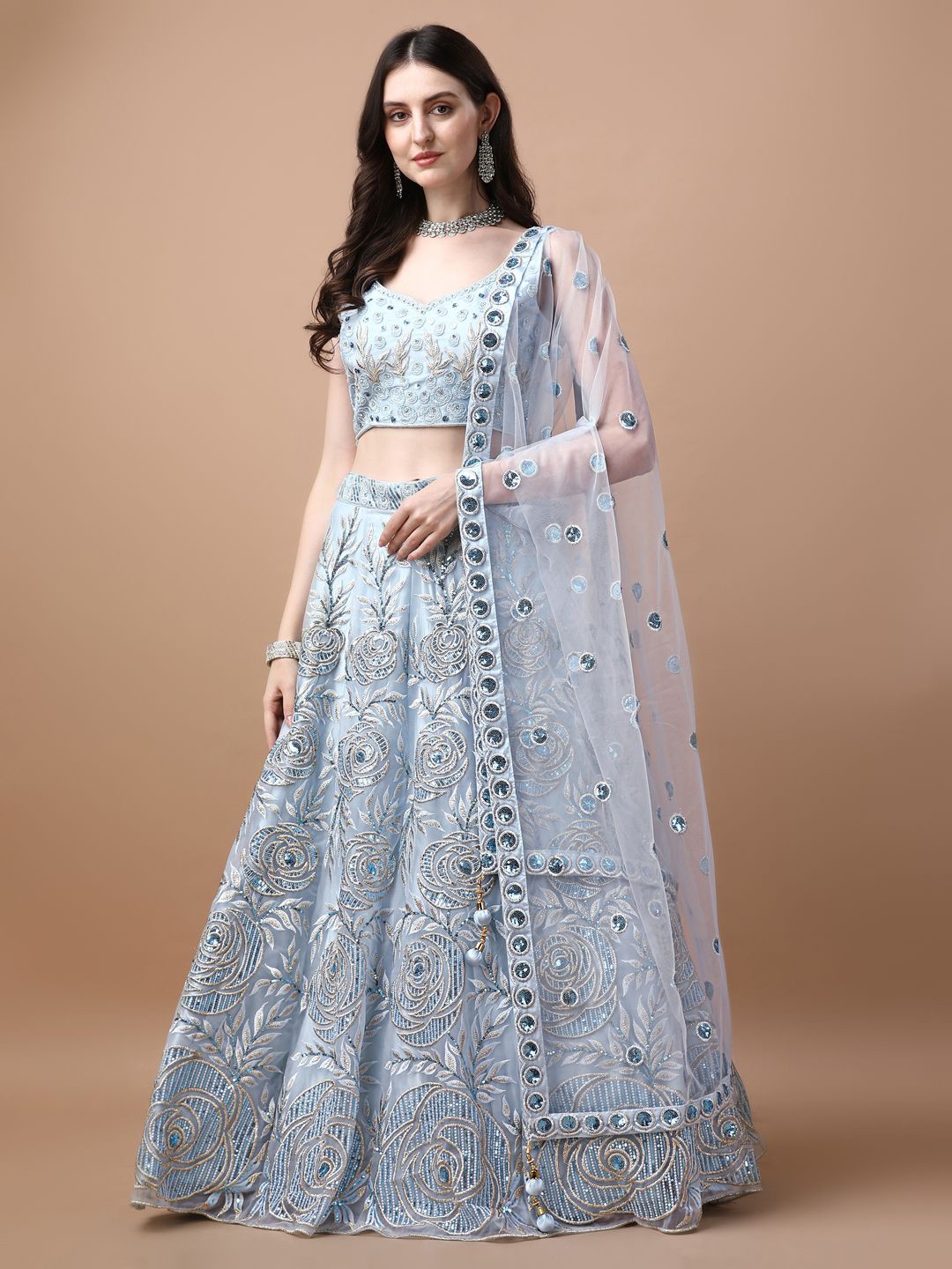 

VANAKARA Embroidered Beads and Stones Net Ready to Wear Lehenga & Blouse With Dupatta, Sea green