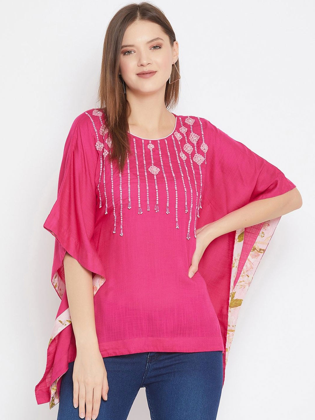 

The Kaftan Company Women Embellished Embroidered Kimono Sleeve Kaftan Top, Fuchsia