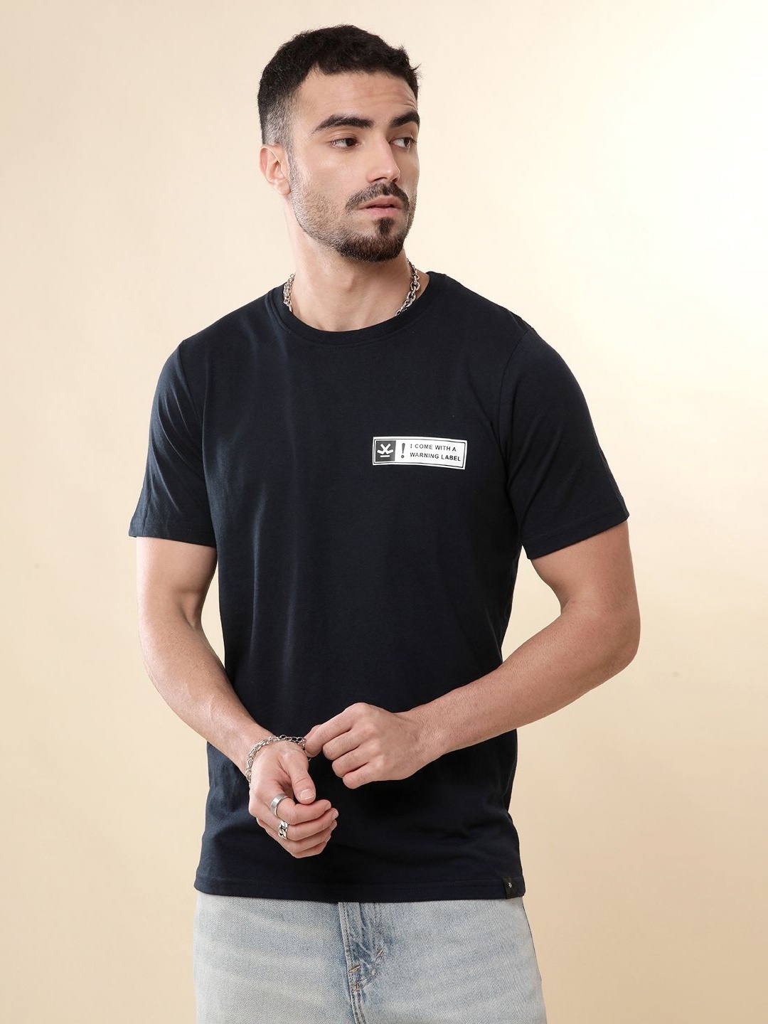 

WROGN Men Typography Printed Round Neck Cotton T-shirt, Navy blue