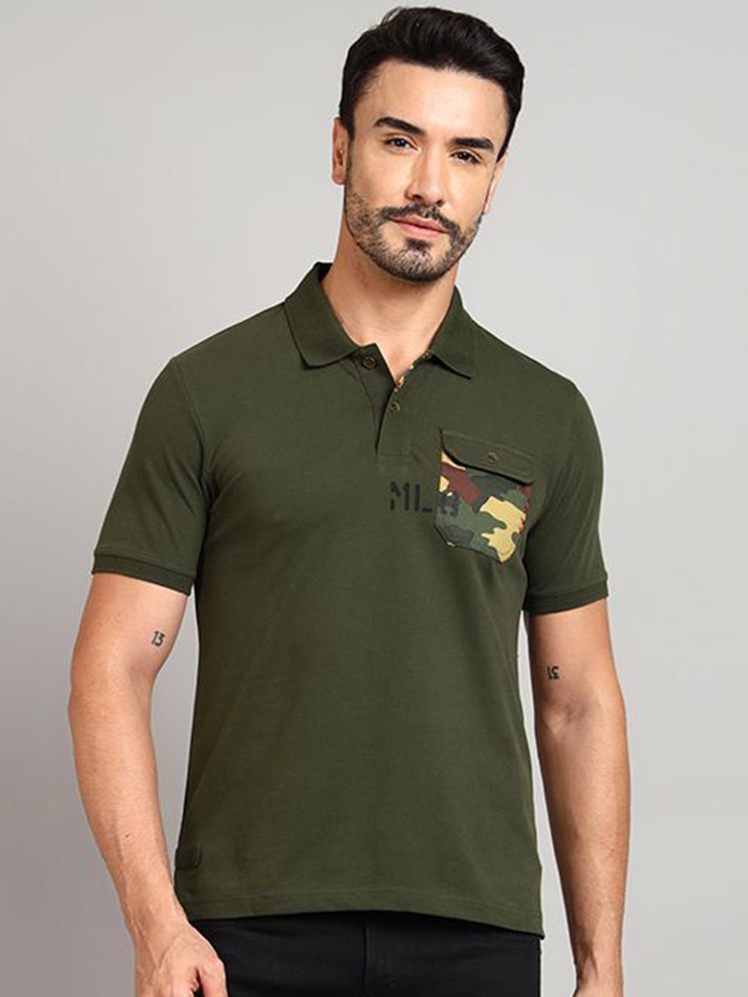 

Royal Enfield Men Solid Polo Collar T-shirt, Olive